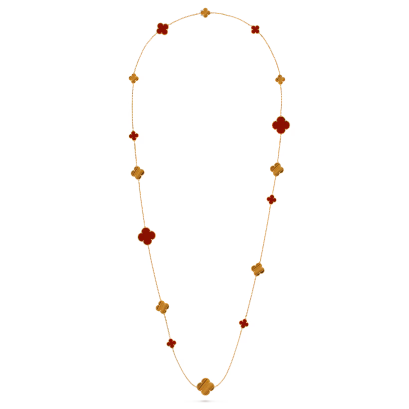 Magic Alhambra long necklace, 16 motifs, 18K yellow gold, carnelian, tiger’s eye.
