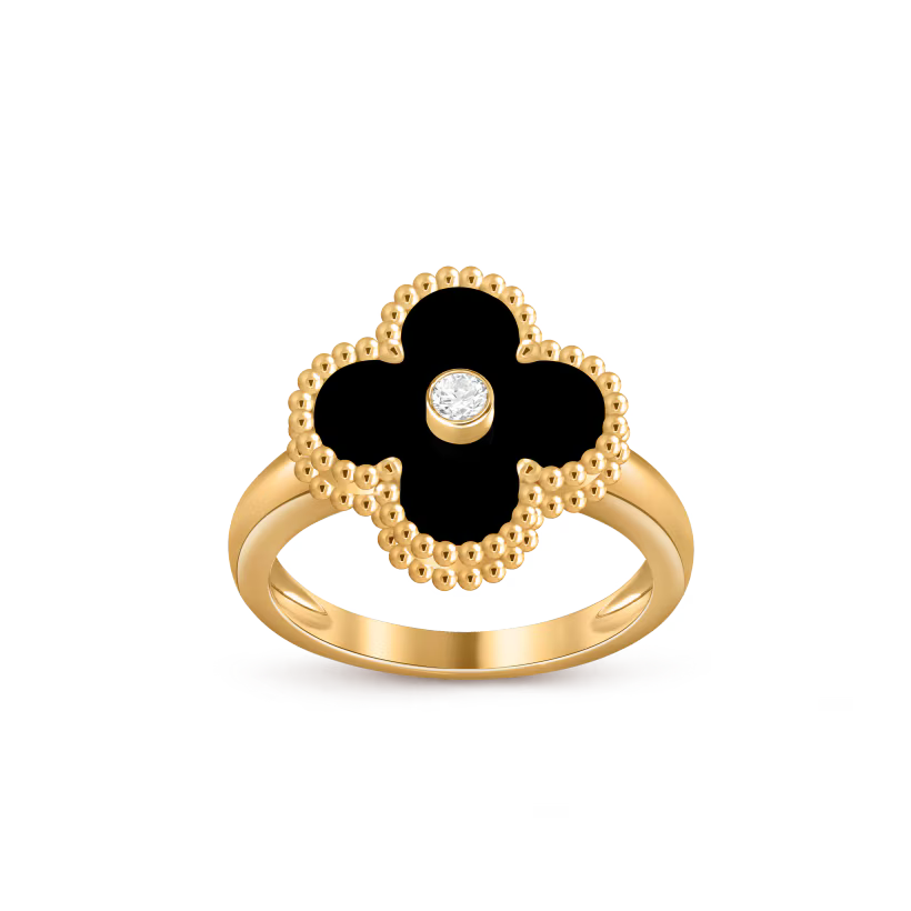 Vintage Alhambra ring, 18K yellow gold, onyx, round diamond