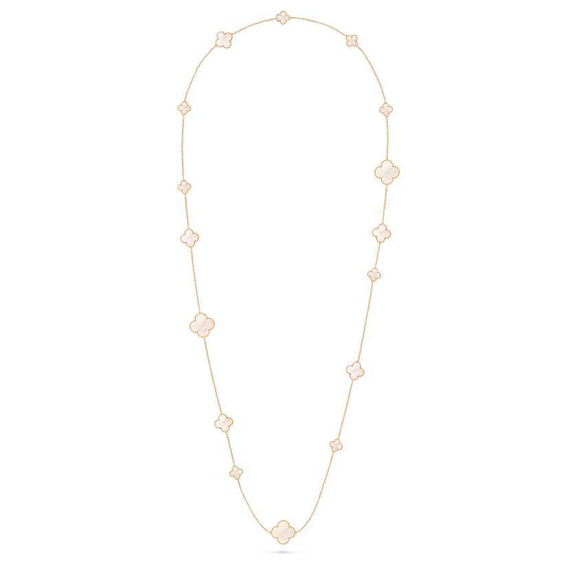 Magic Alhambra long necklace, 16 motifs, 18K yellow gold, white mother-of-pearl.