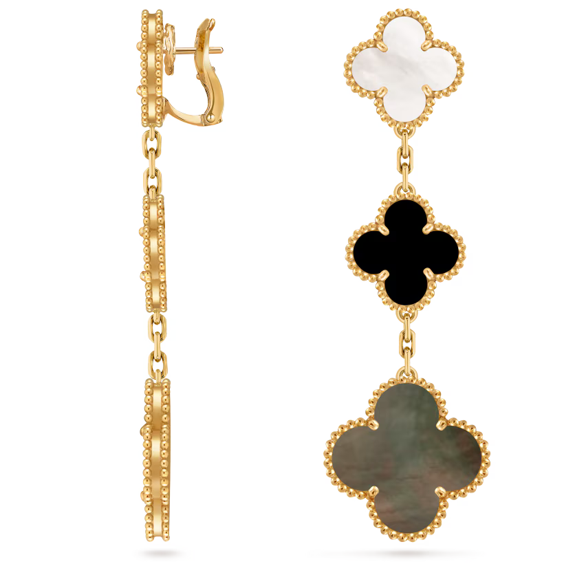 Magic Alhambra earrings, 3 motifs, 18K yellow gold, white and gray mother-of-pearl, onyx.