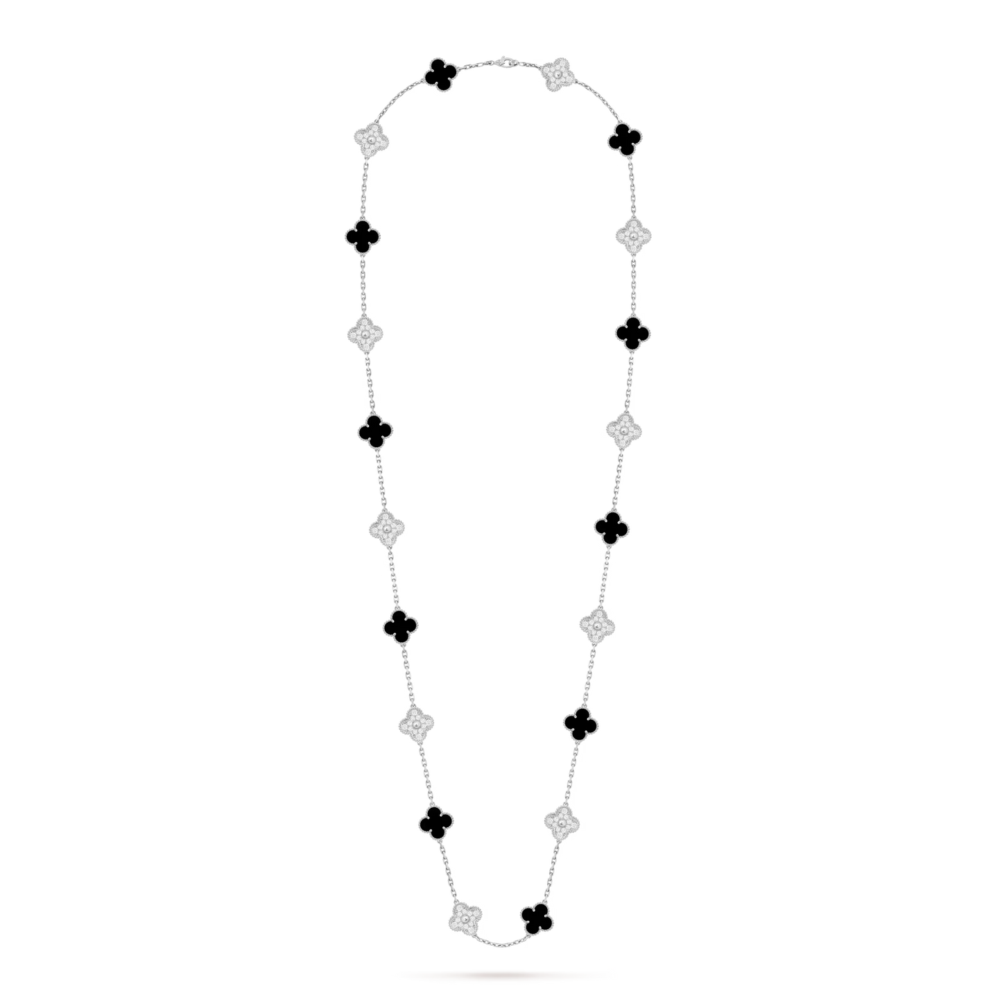 Vintage Alhambra long necklace, 20 motifs, rhodium plated 18K white gold, onyx, round diamonds