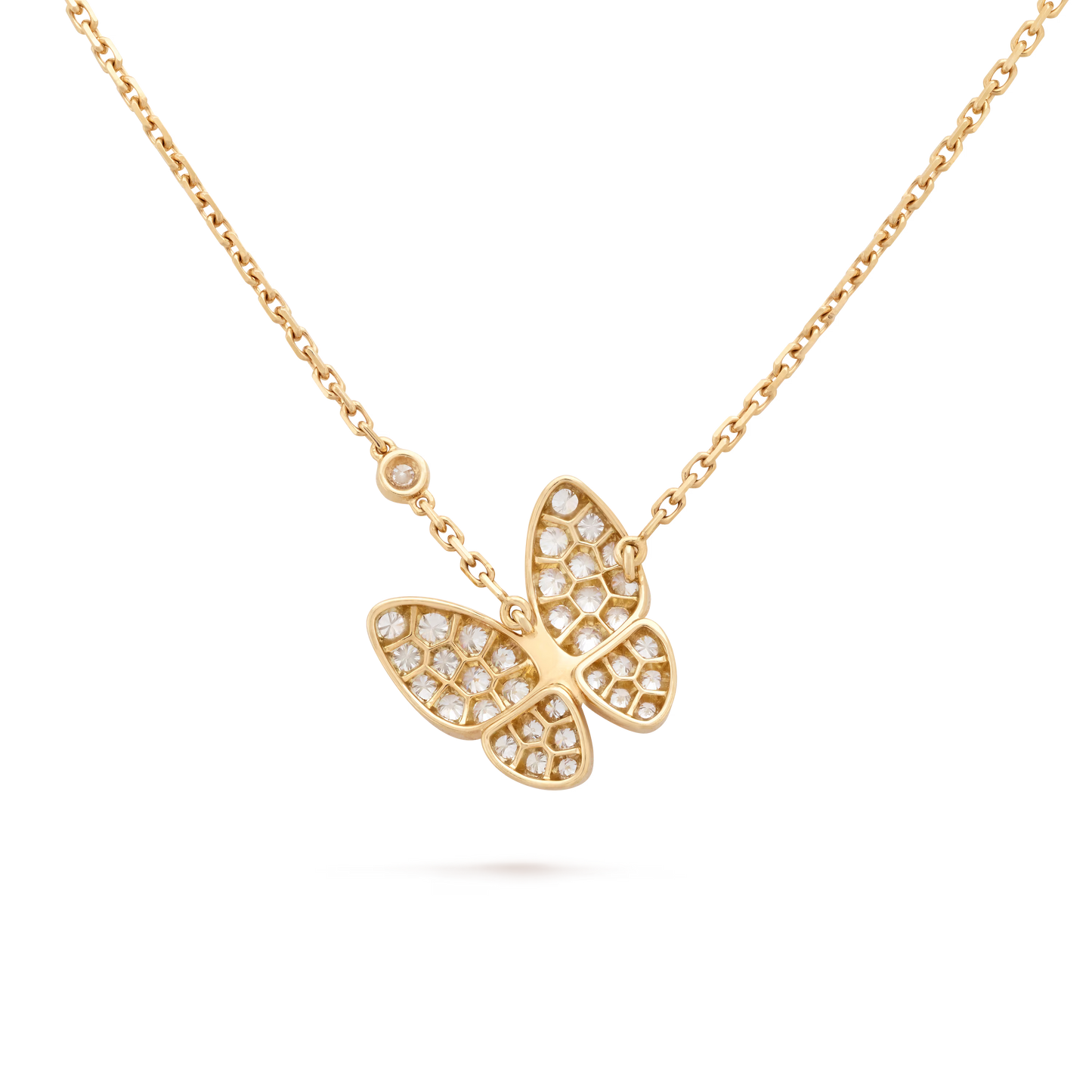 Two Butterfly pendant, 18K yellow gold, round diamonds, rhodium plated 18K white gold, marquise-cut diamonds.