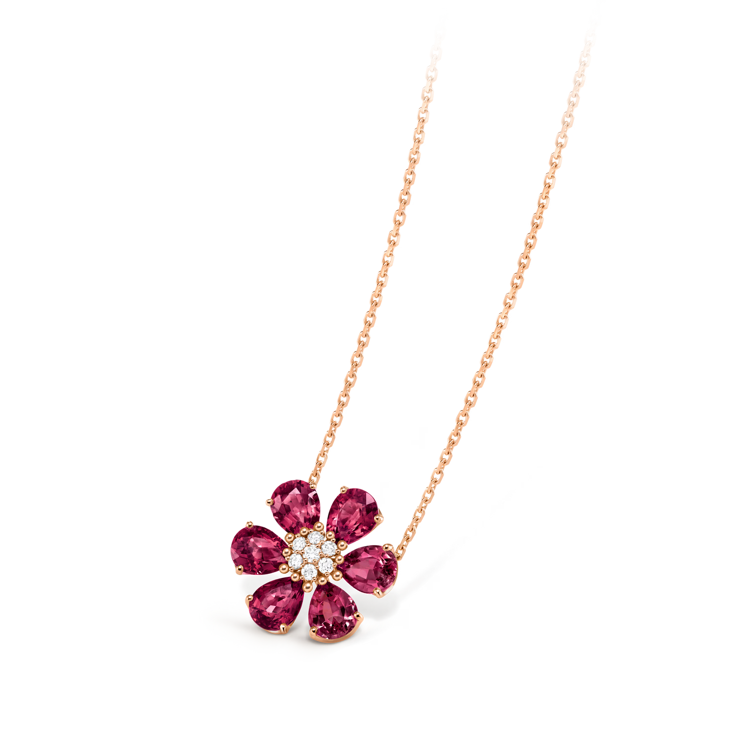 Fleurs d’Hawaï pendant, medium model, 18K rose gold, rhodolites, round diamonds.