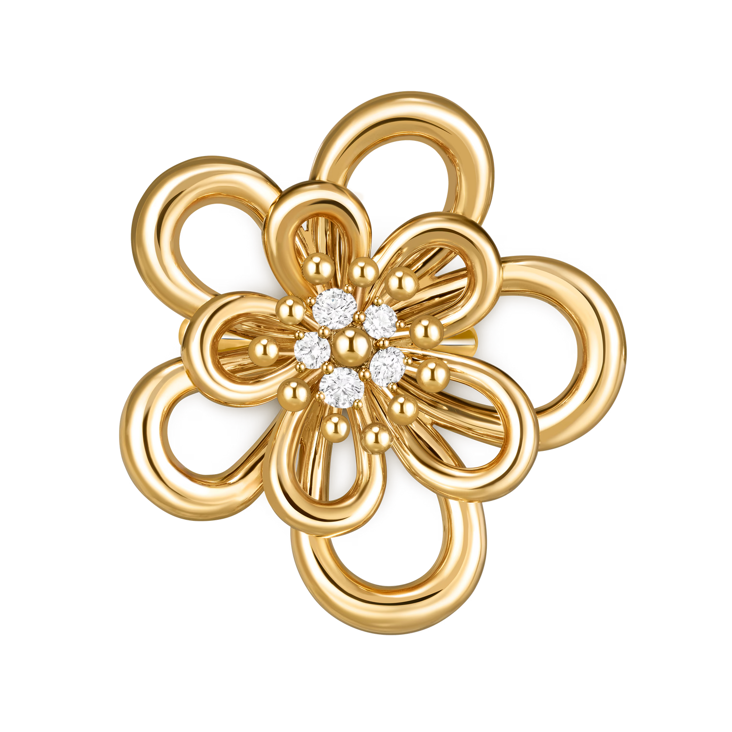 Flowerlace ring, medium model, yellow gold, round diamonds.