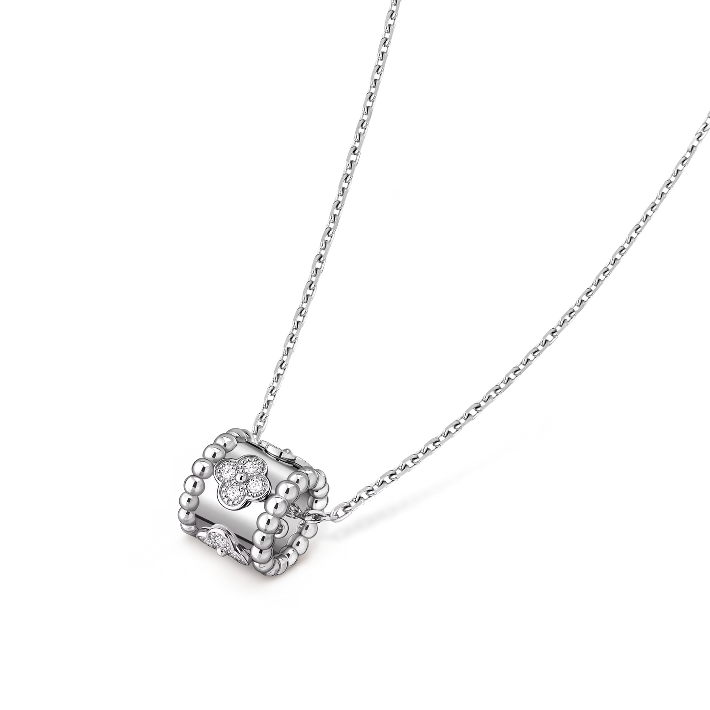 Perlée clovers pendant, rhodium plated 18K white gold, round diamonds.