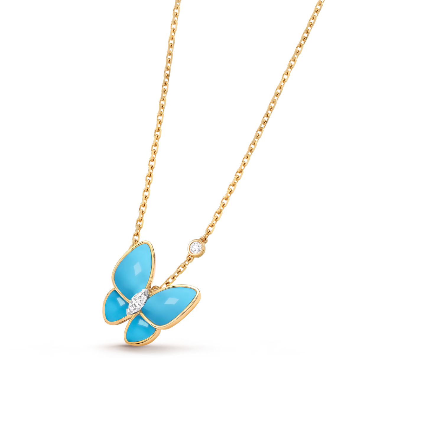 Two Butterfly pendant, 18K yellow gold, turquoise, rhodium plated 18K white gold,round and marquise-cut diamond.