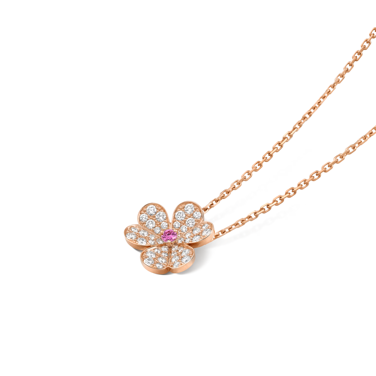 Frivole pendant, small model, 18K rose gold, round pink sapphire, round diamonds.
