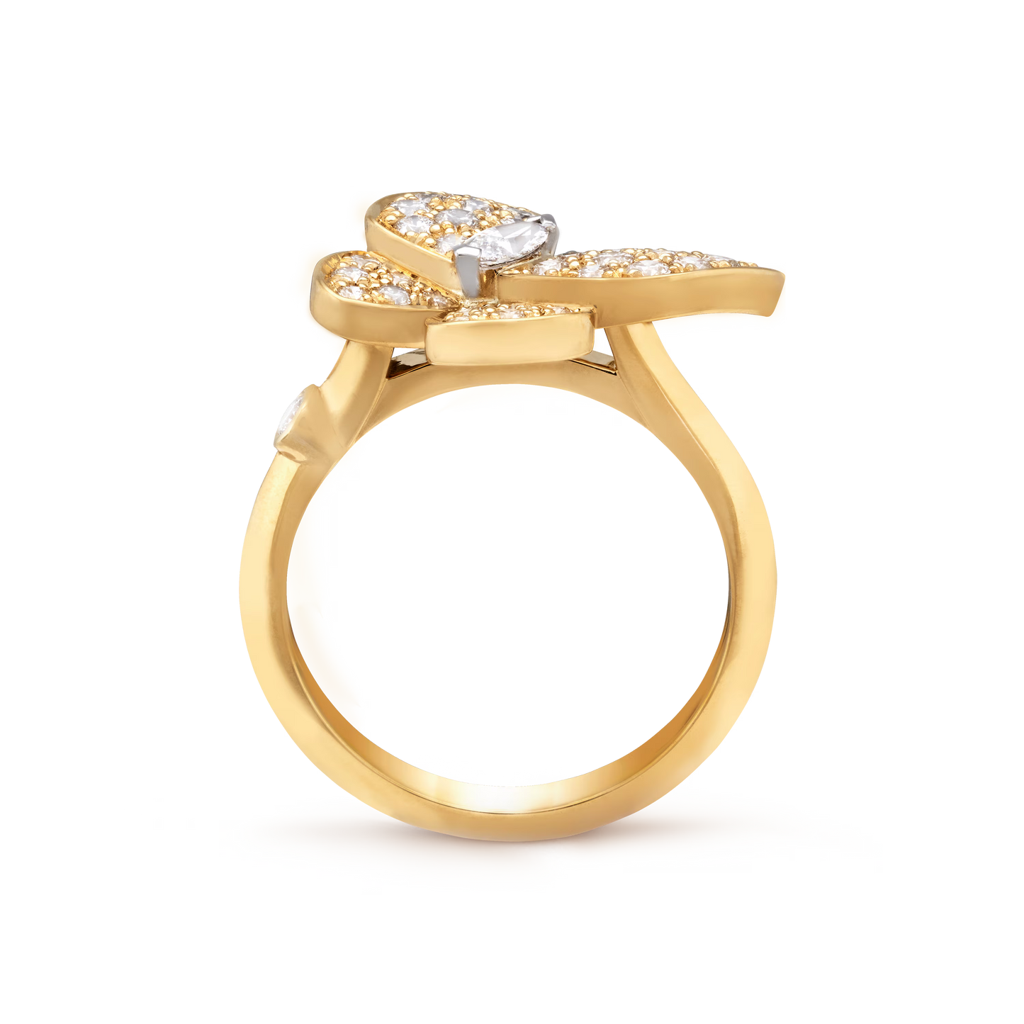 Two Butterfly ring, 18K yellow gold, round diamonds, rhodium plated 18K white gold, marquise-cut diamonds.