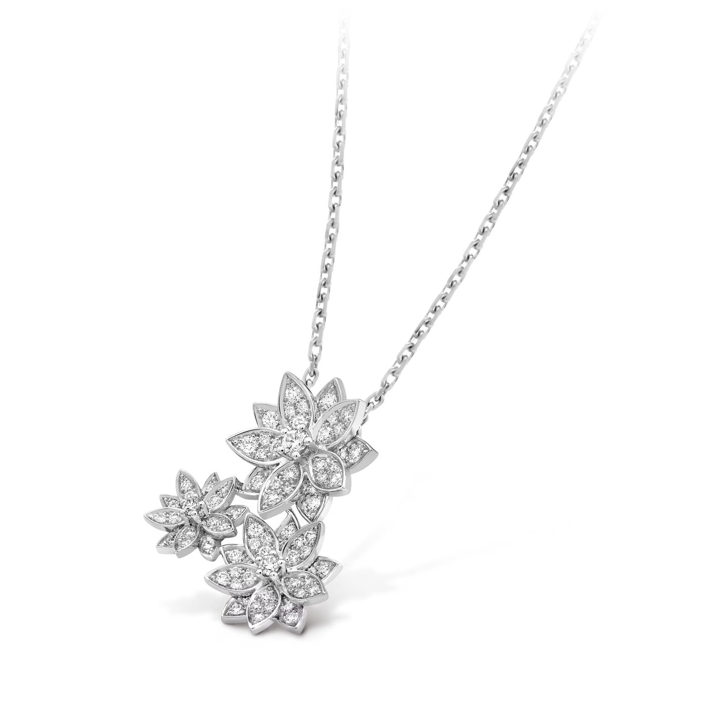 Lotus pendant, 3 flowers, rhodium plated 18K white gold, round diamonds