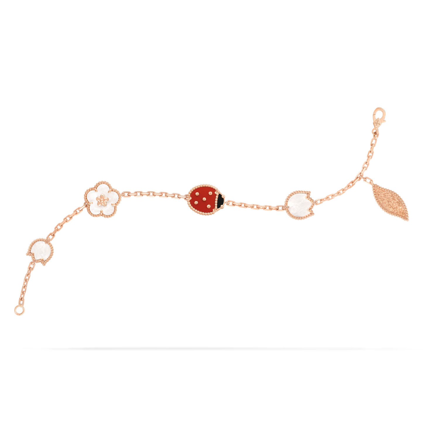 Lucky Spring bracelet, 5 motifs, 18K rose gold, white mother-of-pearl, carnelian, onyx.