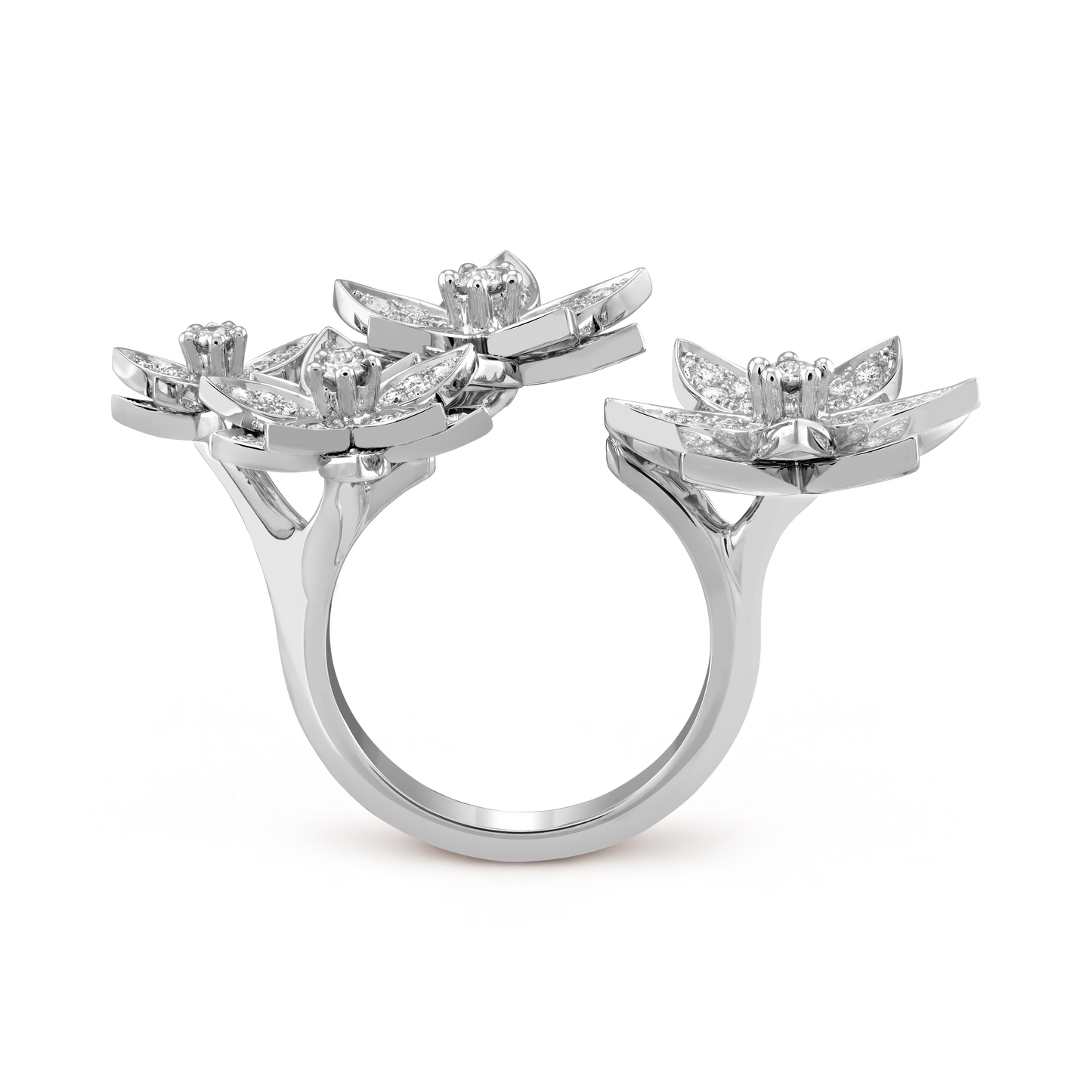 Lotus Between the Finger ring, 4 flowers, rhodium plated 18K white gold, round diamonds.