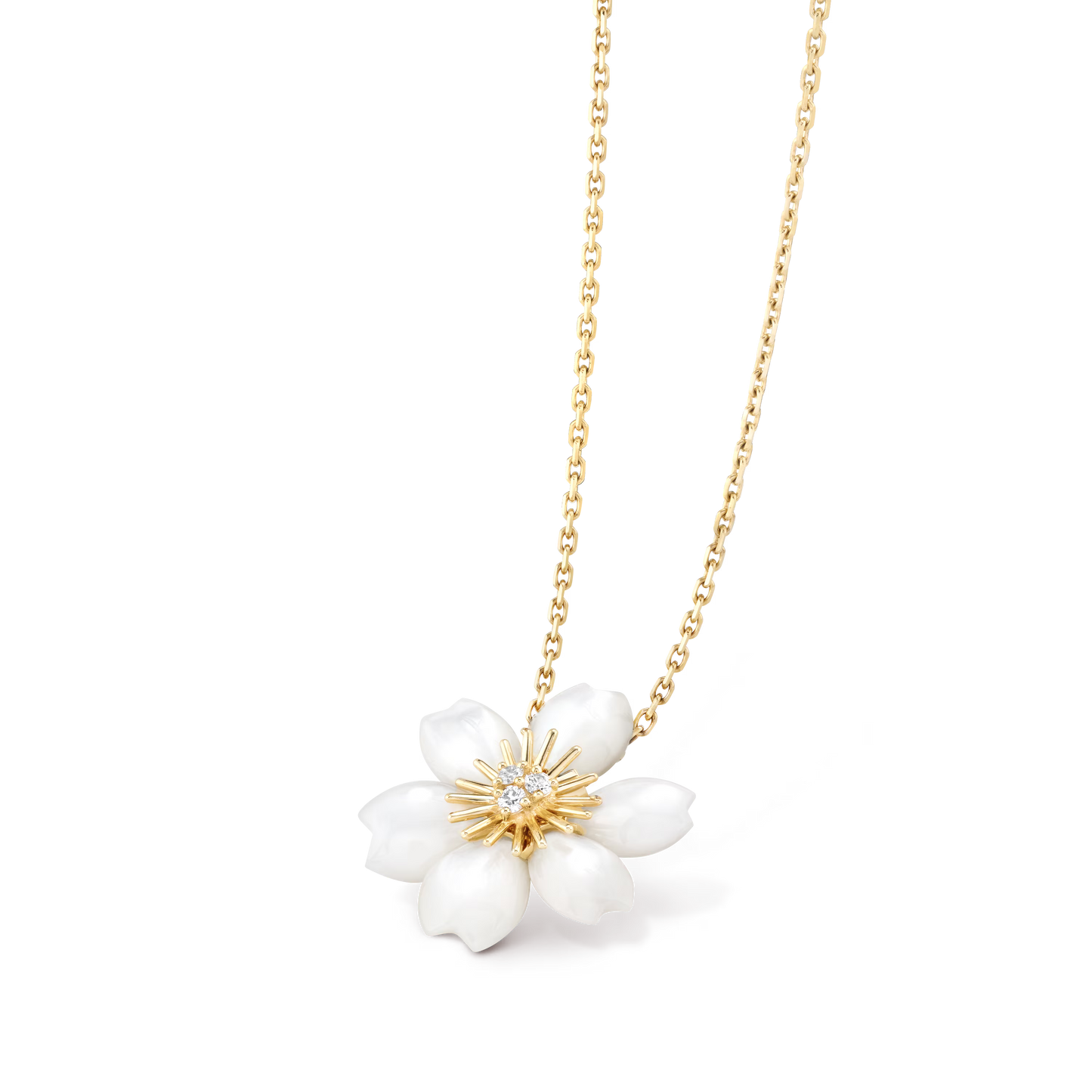 Rose de Noël pendant, mini model, 18K yellow gold, white mother-of-pearl, round diamonds.