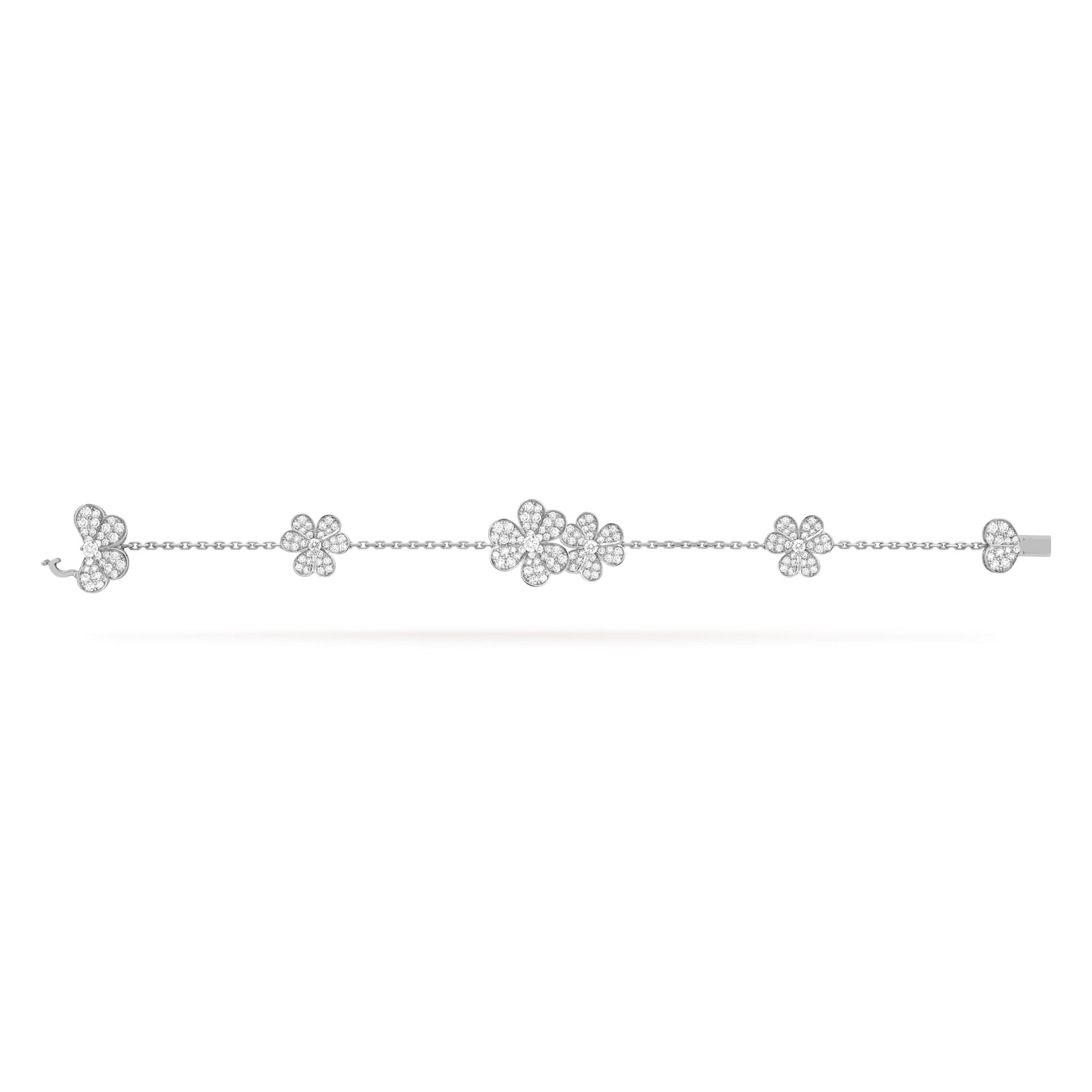 Frivole bracelet, 5 flowers, rhodium plated 18K white gold, round diamonds.