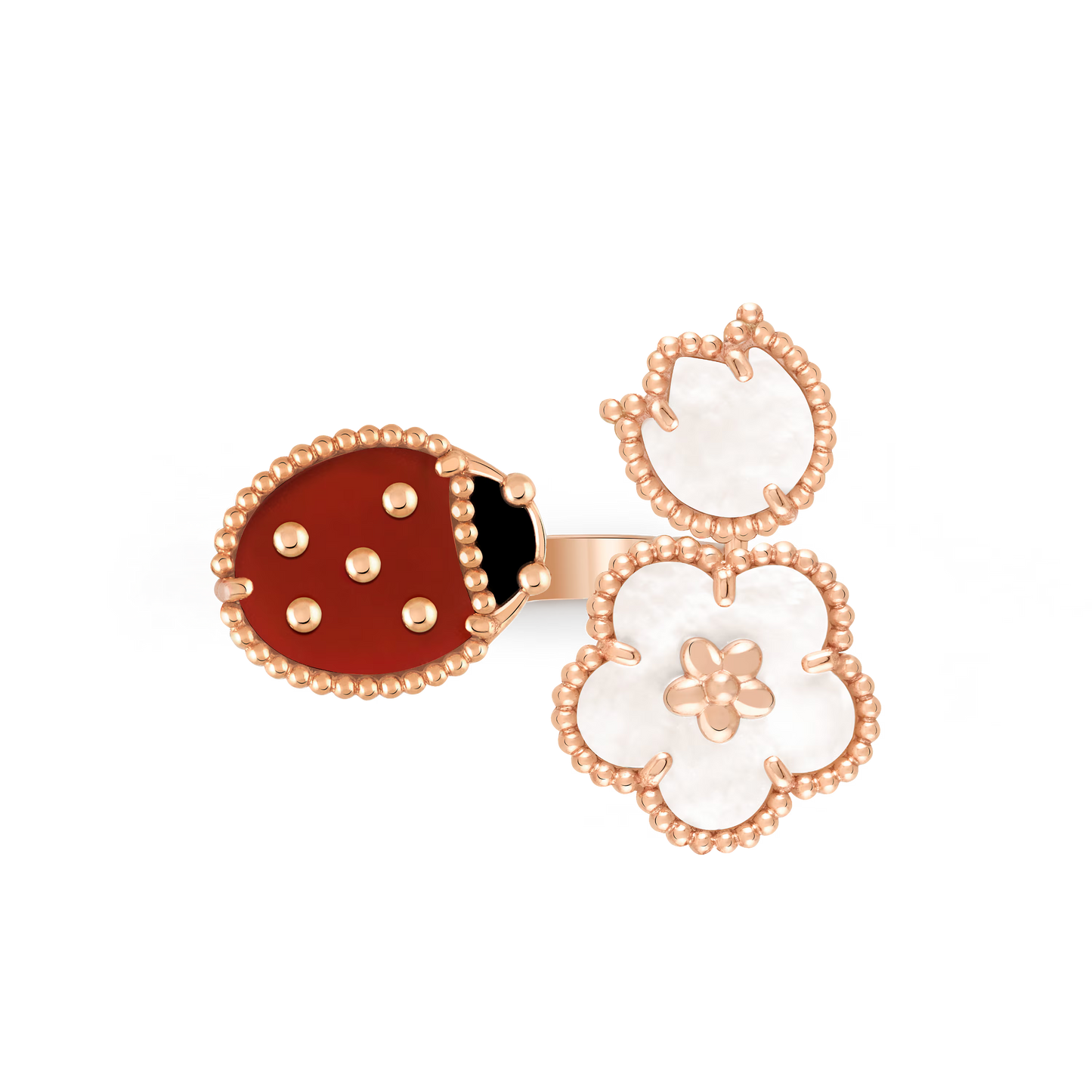 Lucky Spring Between the Finger ring, 18K rose gold, white mother-of-pearl, carnelian, onyx.