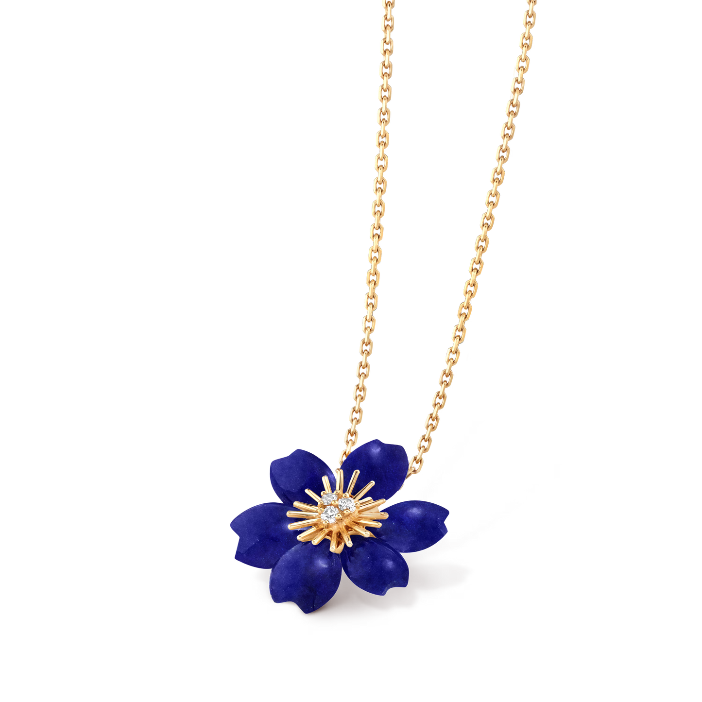 Rose de Noël pendant, mini model, 18K yellow gold, lapis lazuli, round diamonds.