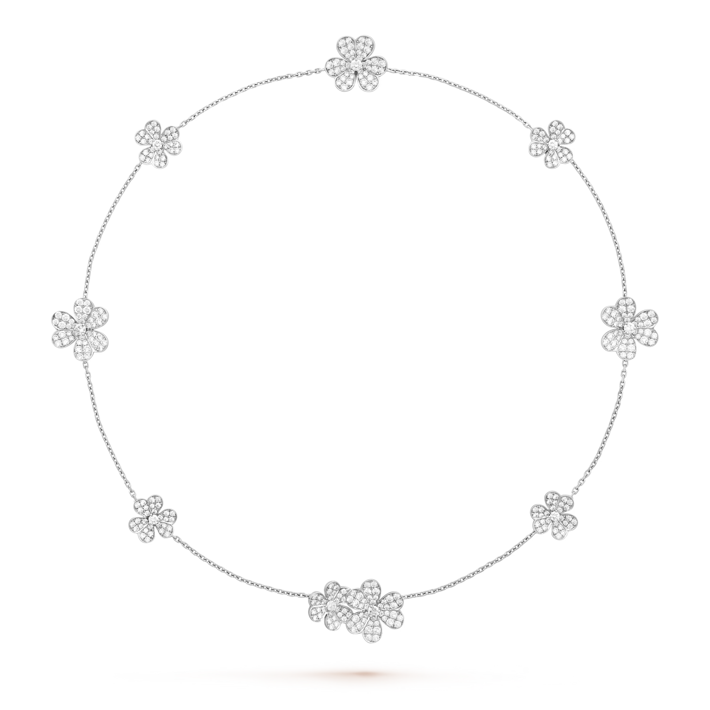 Frivole necklace, 9 flowers, rhodium plated 18K white gold, round diamonds.