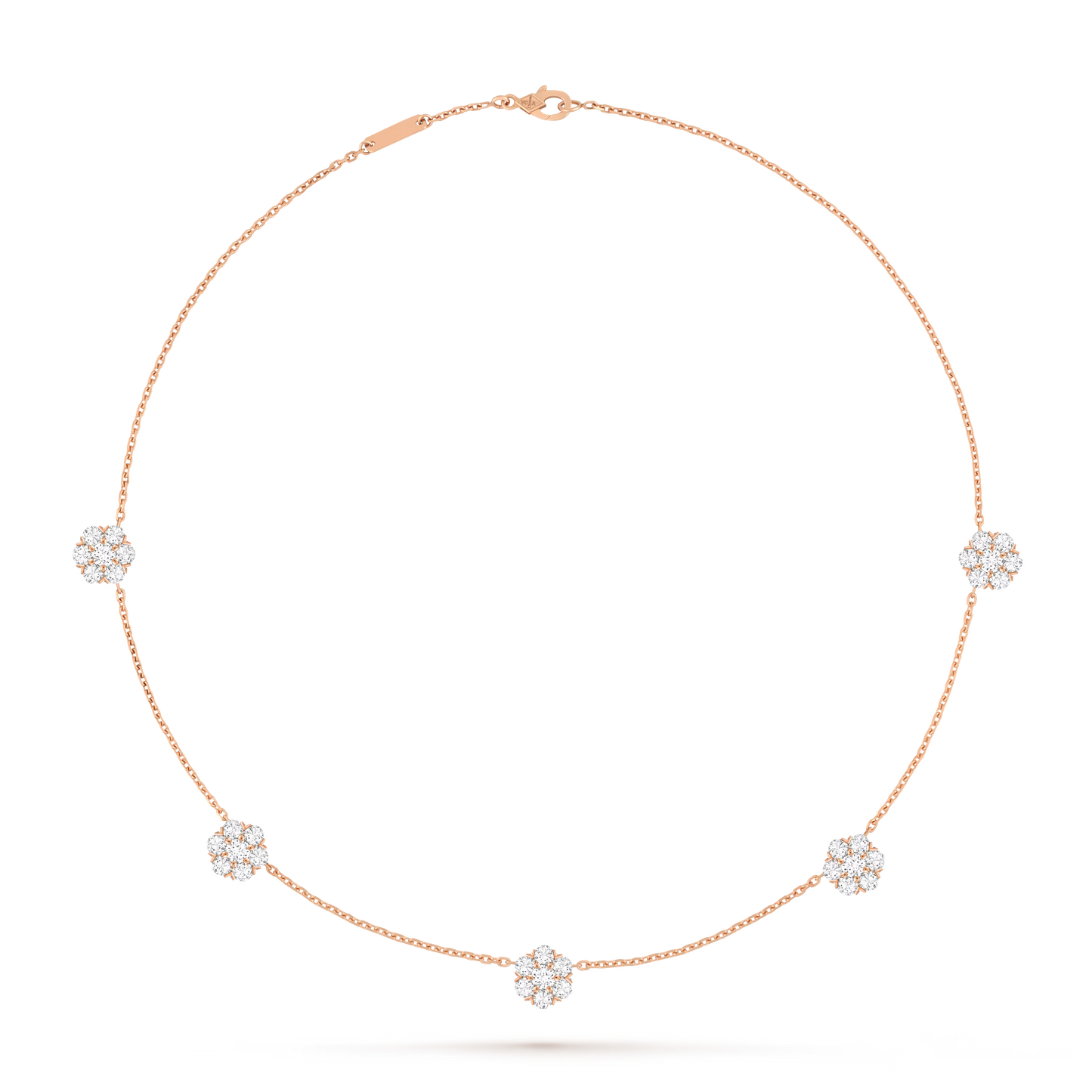 Fleurette necklace, 5 flowers, 18K rose gold, round diamonds.