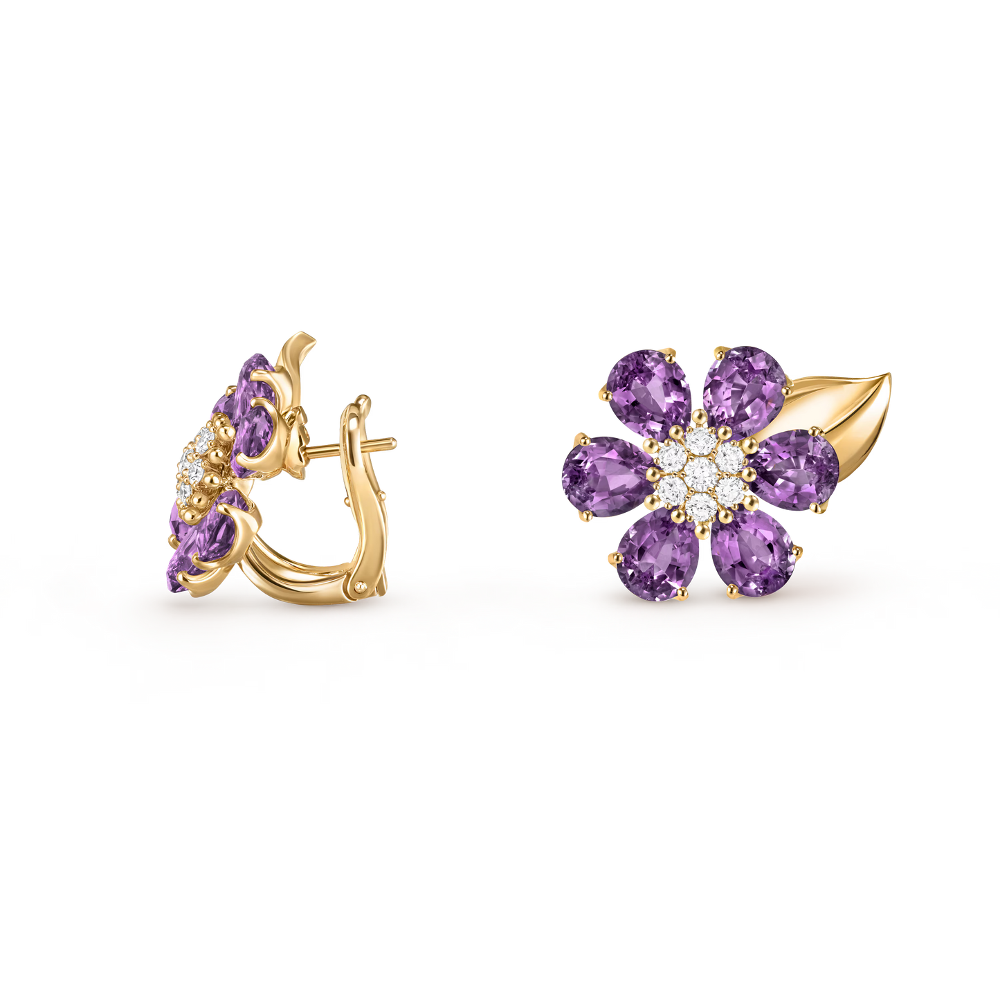 Fleurs d’Hawaï earrings, small model, 18K yellow gold, amethysts, round diamonds.