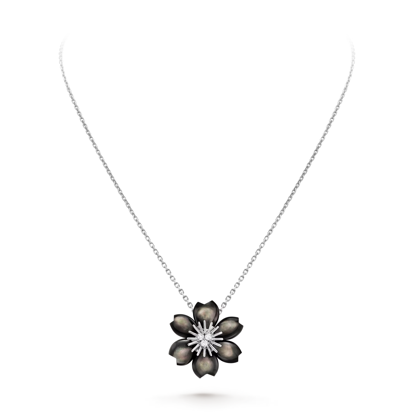 Rose de Noël pendant, mini model, rhodium plated 18K white gold, gray mother-of-pearl, round diamonds.
