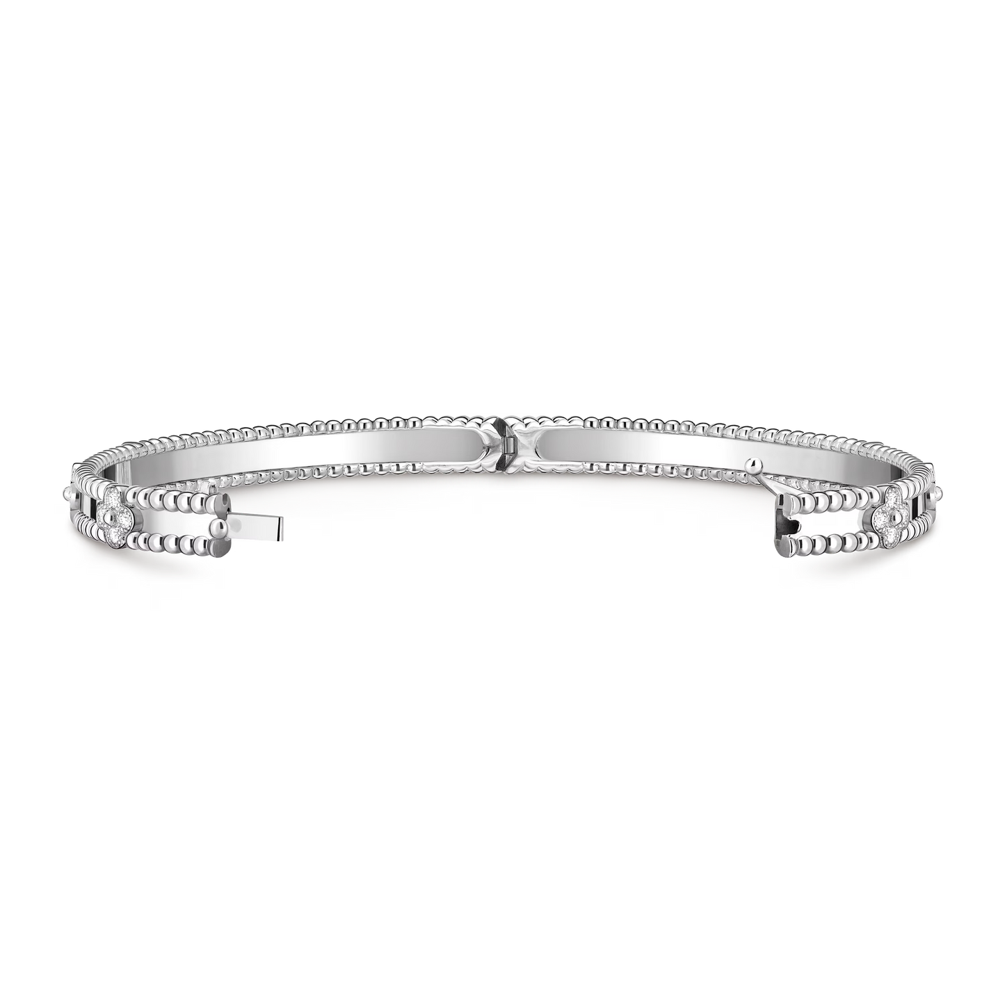 Perlée sweet clovers bracelet, rhodium plated 18K white gold, round diamonds, medium model.