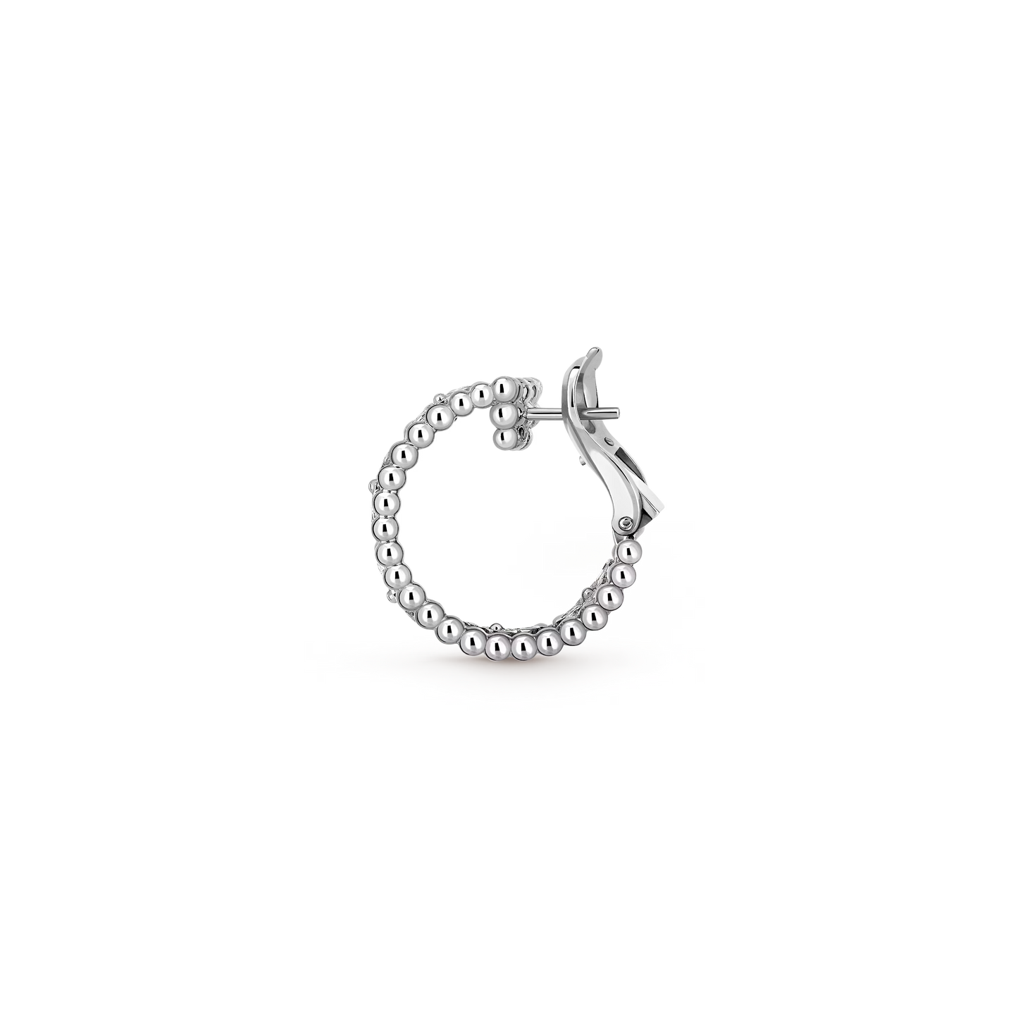 Perlée clovers hoop earrings, rhodium plated 18K white gold, round diamonds.