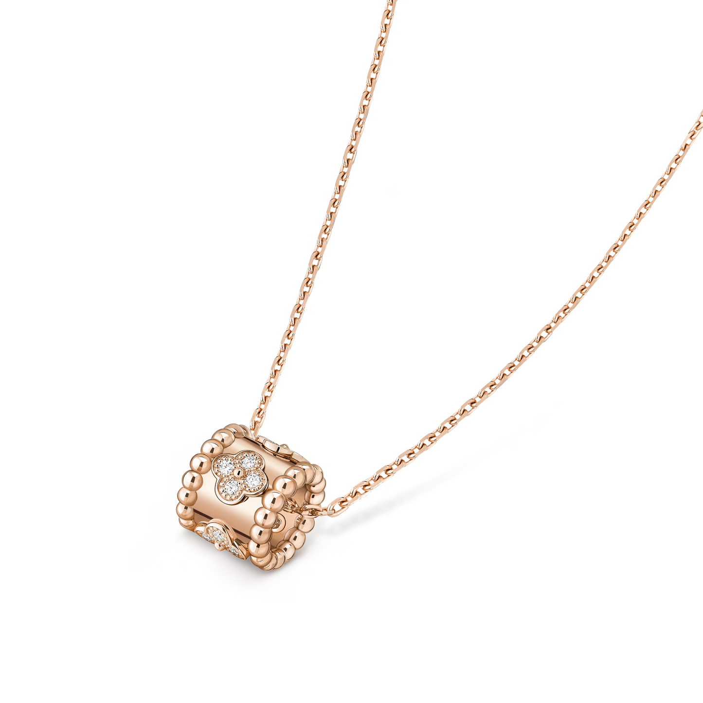 Perlée clovers pendant, 18K rose gold, round diamonds.