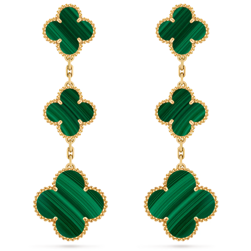 Magic Alhambra earrings, 3 motifs, 18K yellow gold, malachite.