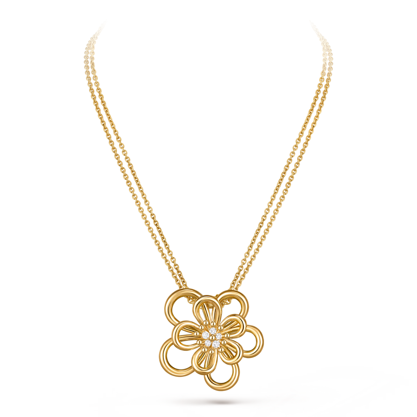 Flowerlace clip pendant, large model, yellow gold, round diamonds.