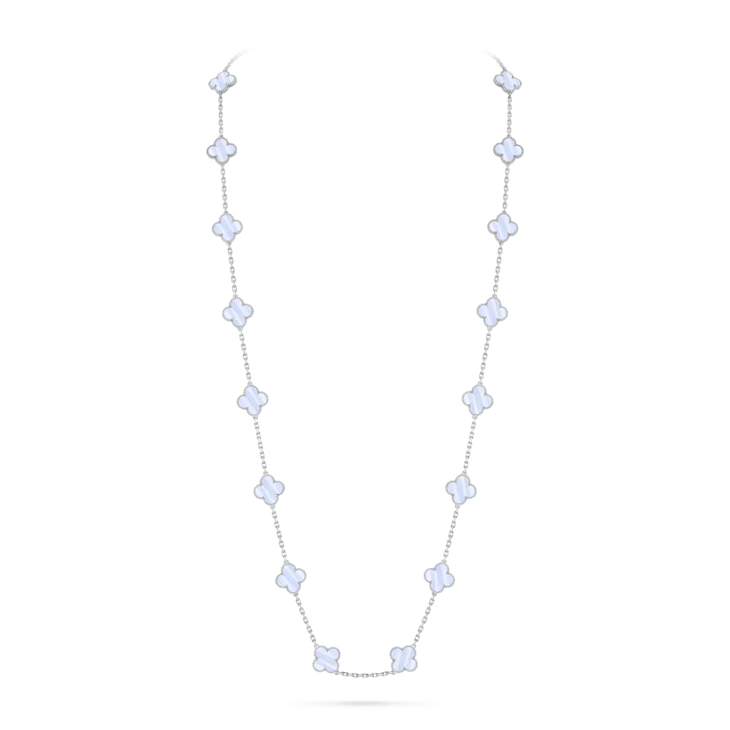 Vintage Alhambra long necklace, 20 motifs, rhodium plated 18K white gold, chalcedony.