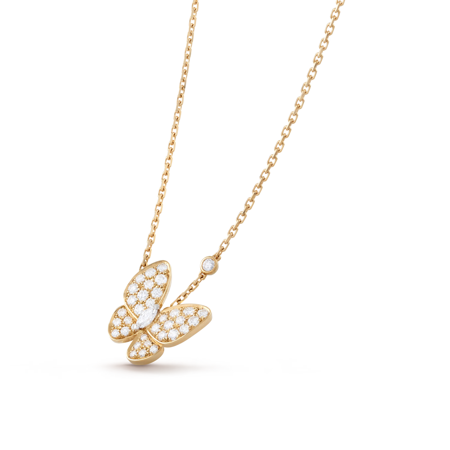 Two Butterfly pendant, 18K yellow gold, round diamonds, rhodium plated 18K white gold, marquise-cut diamonds.