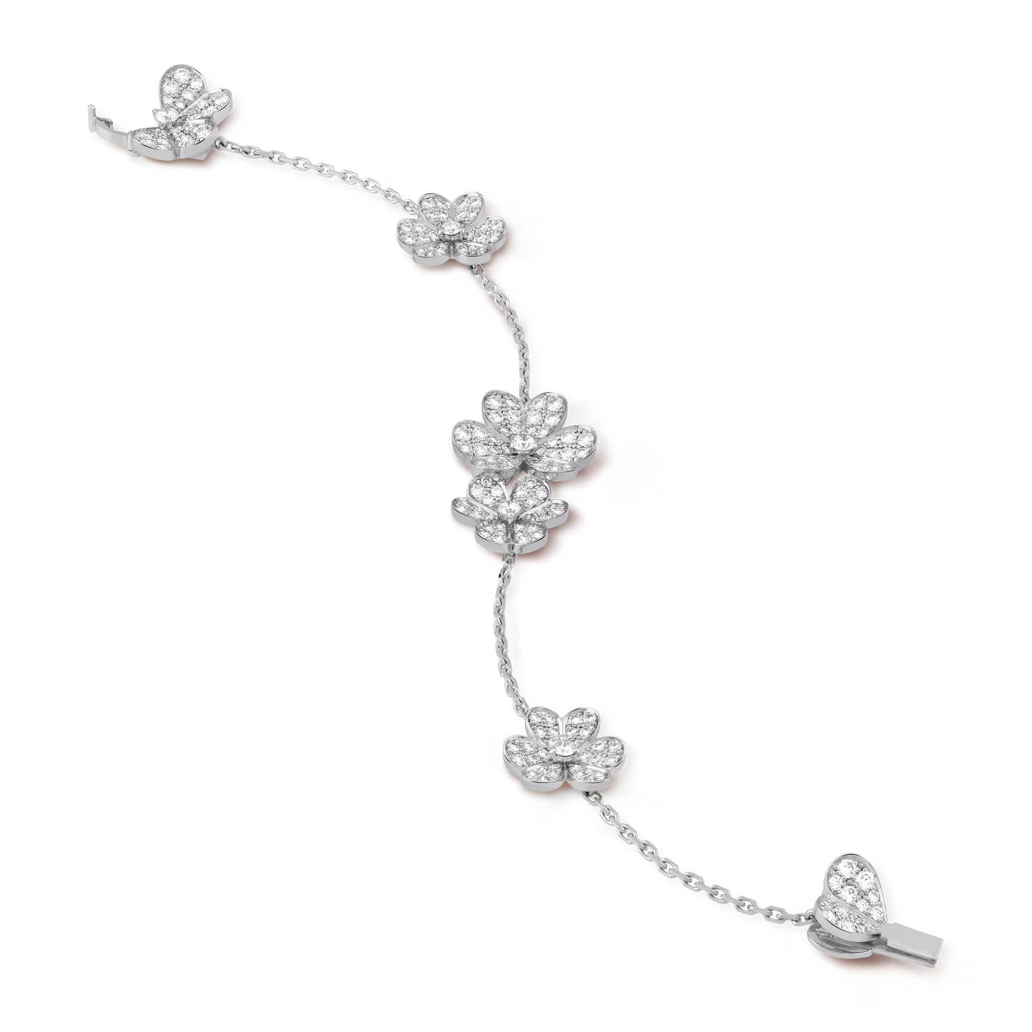 Frivole bracelet, 5 flowers, rhodium plated 18K white gold, round diamonds.