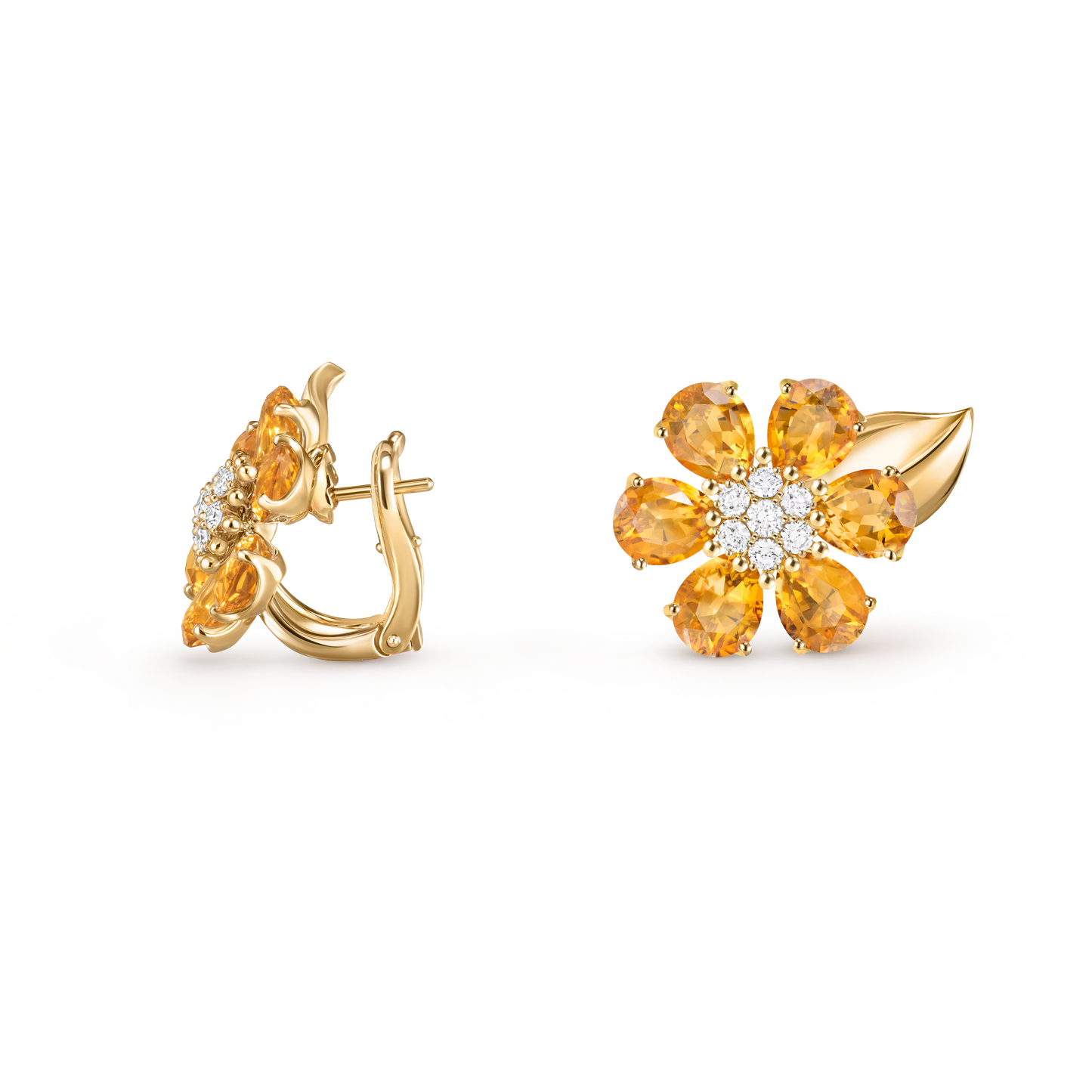 Fleurs d’Hawaï earrings, small model, 18K yellow gold, citrines, round diamonds.