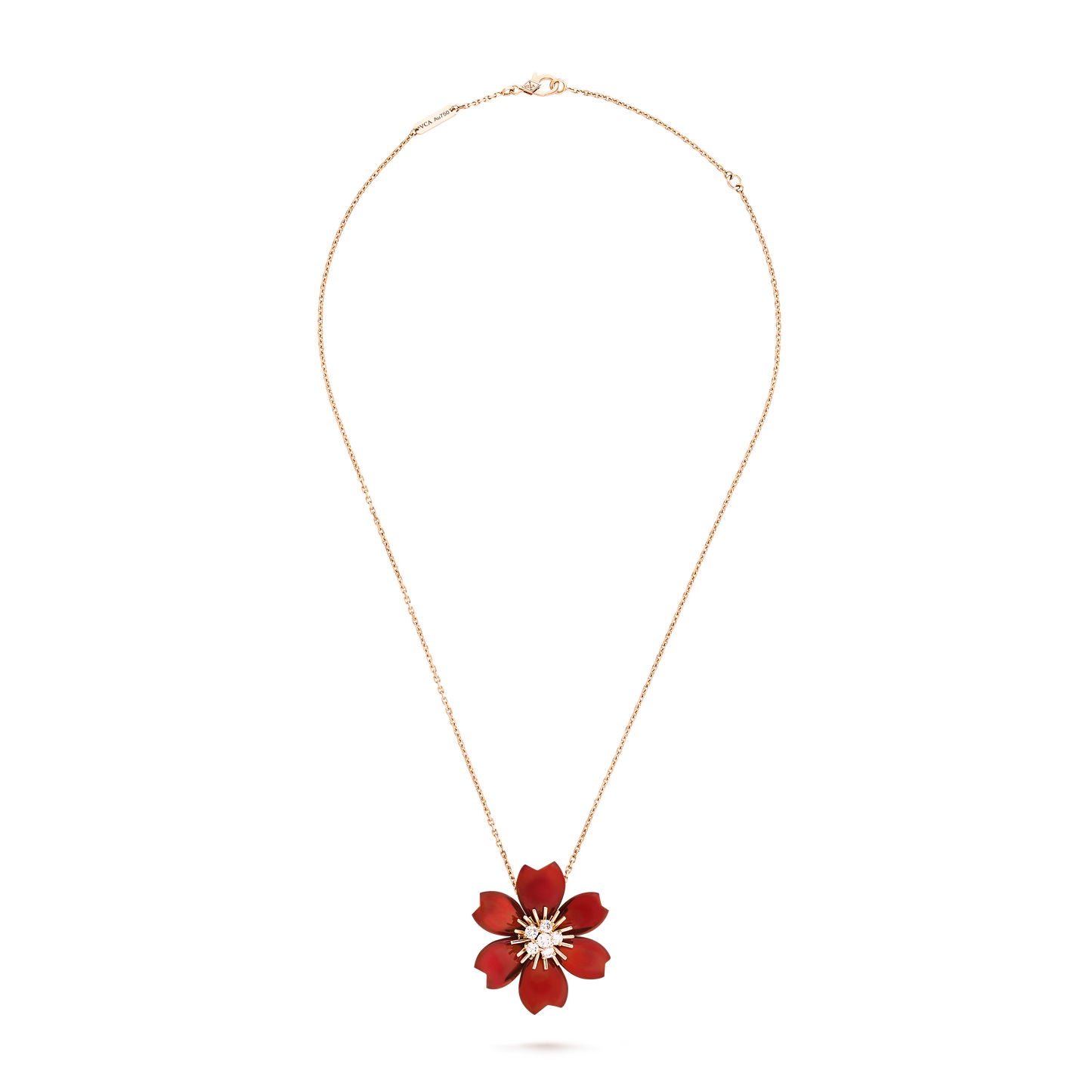 Rose de Noël clip pendant, small model, 18K rose gold, carnelian, round diamonds.