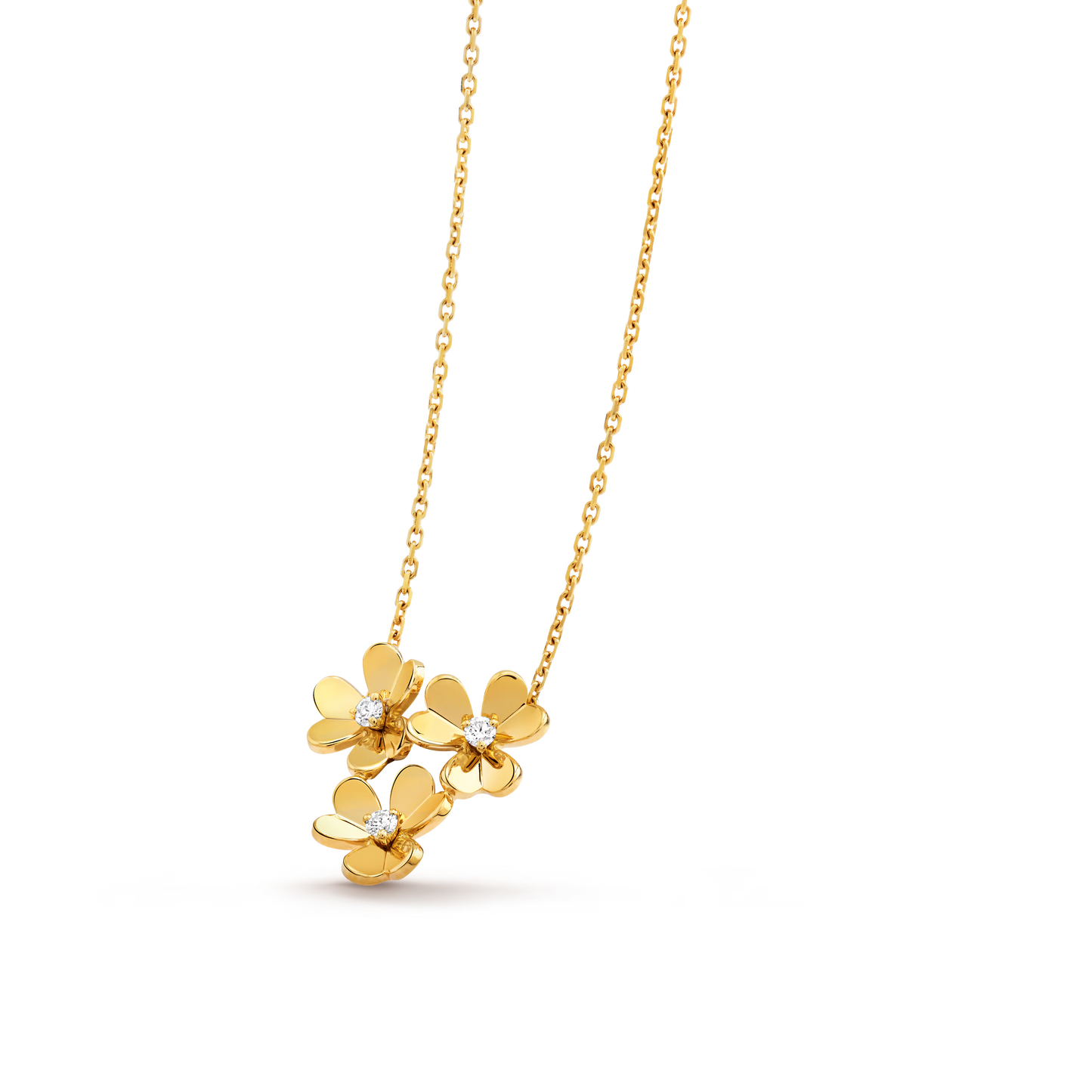 Frivole pendant, 3 flowers, mini model, 18K yellow gold, round diamonds.