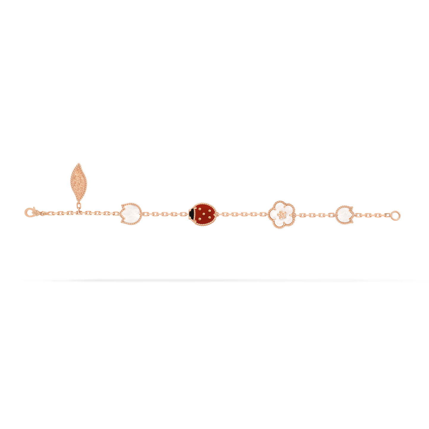 Lucky Spring bracelet, 5 motifs, 18K rose gold, white mother-of-pearl, carnelian, onyx.