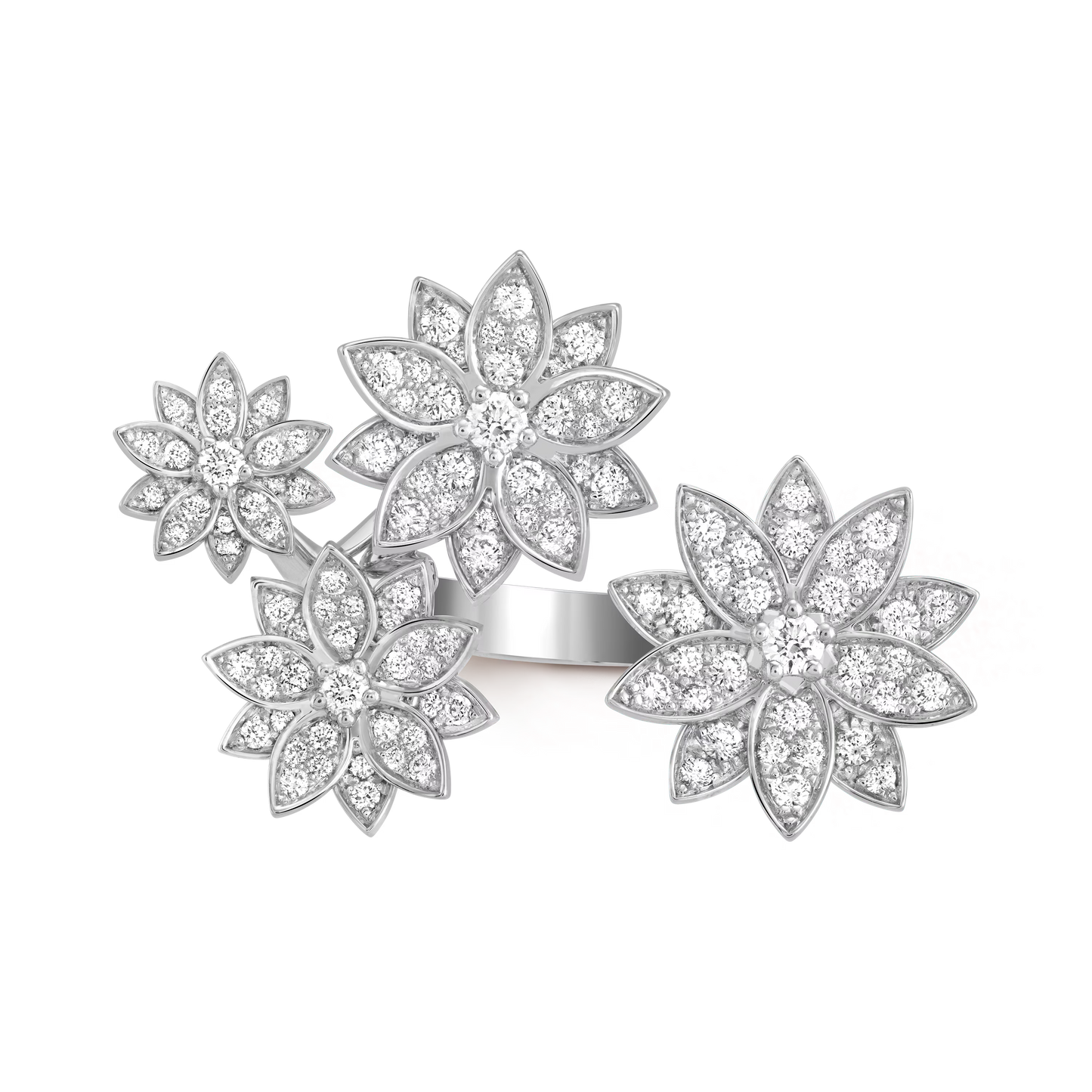 Lotus Between the Finger ring, 4 flowers, rhodium plated 18K white gold, round diamonds.