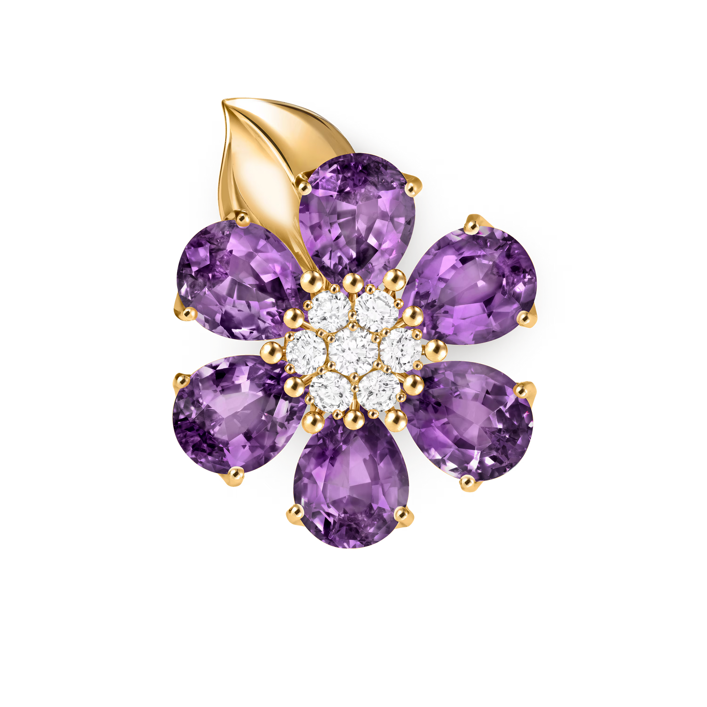 Fleurs d’Hawaï ring, large model, 18K yellow gold, amethysts, round diamonds.