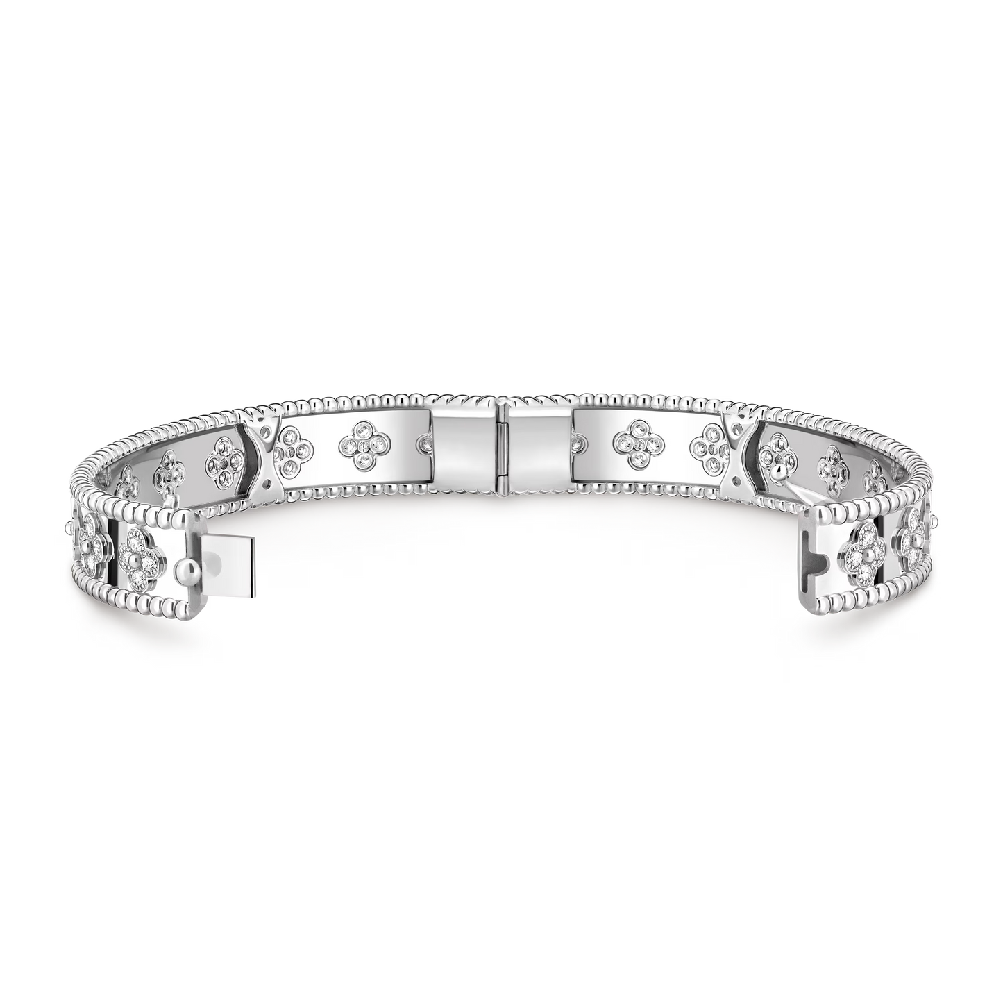 Perlée clovers bracelet, rhodium plated 18K white gold, round diamonds, medium model.