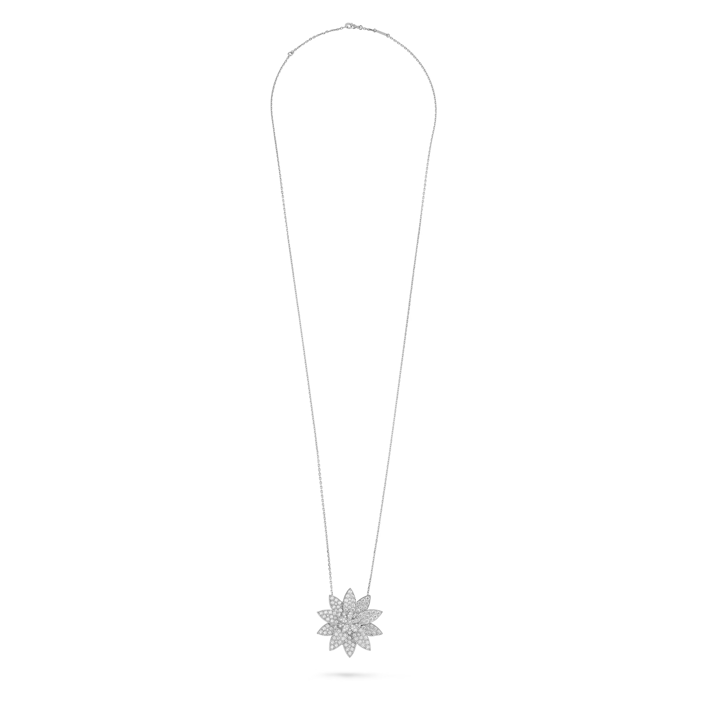Lotus clip pendant, large model, rhodium plated 18K white gold, round diamonds.
