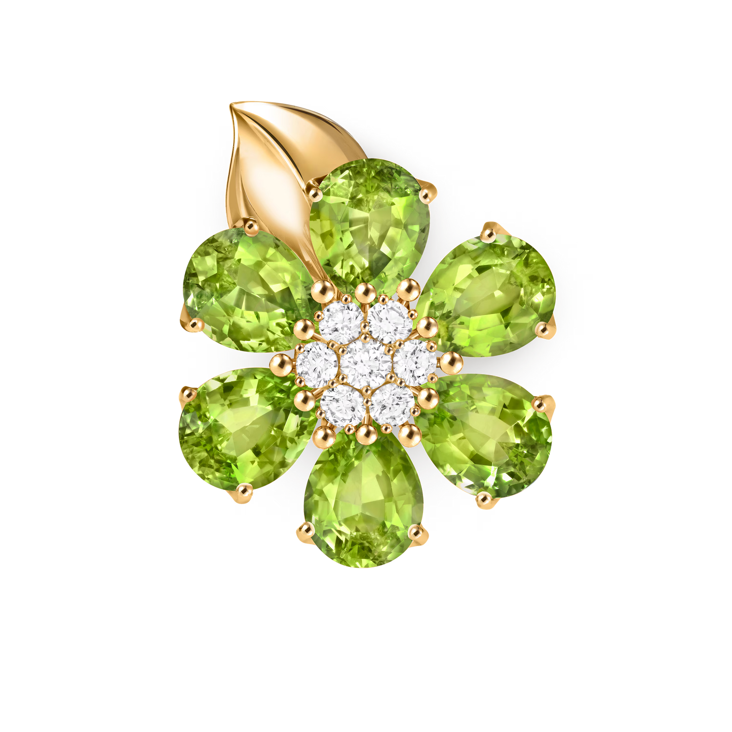 Fleurs d’Hawaï ring, large model, 18K yellow gold, peridots, round diamonds.