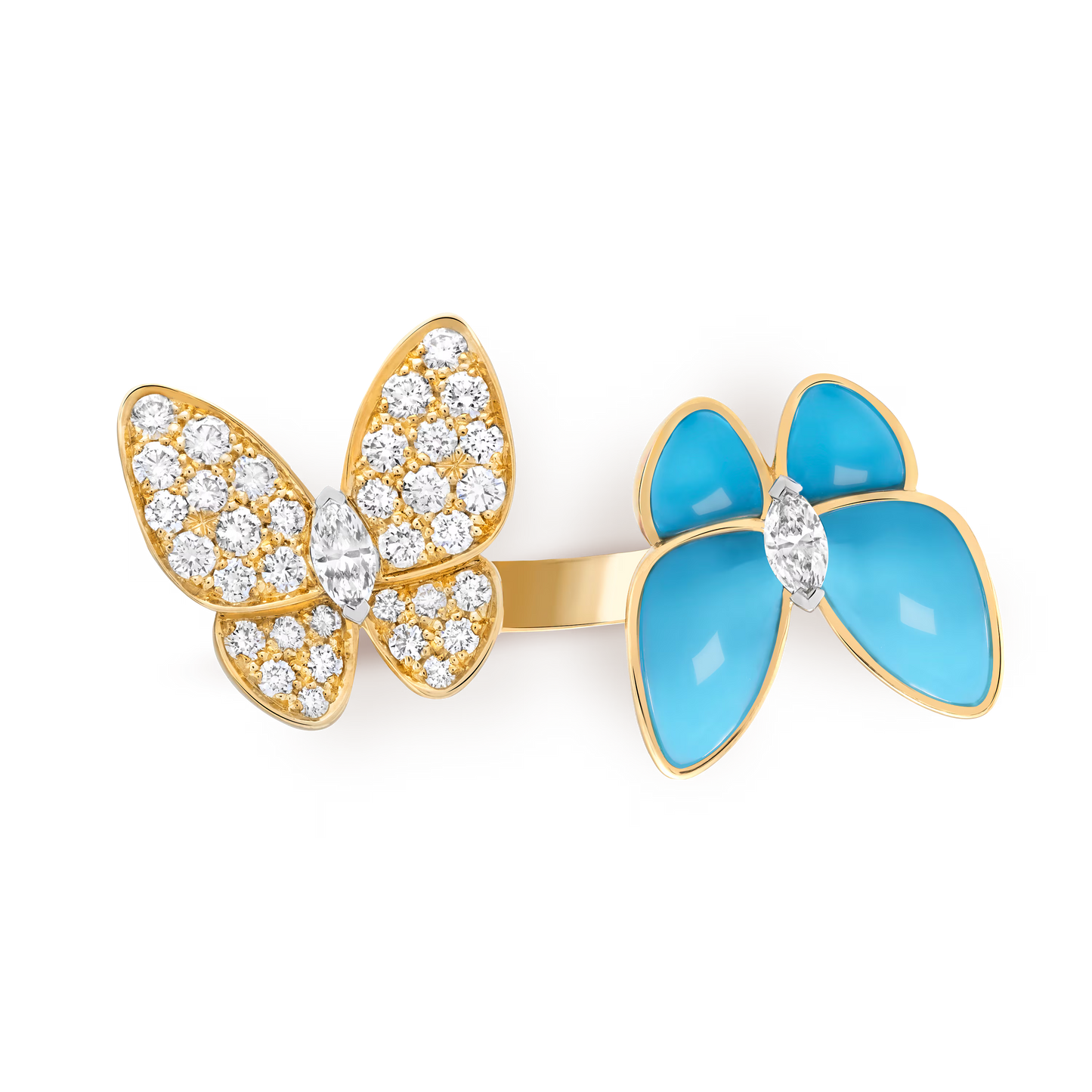 Two Butterfly Between the Finger ring, 18K yellow gold, turquoise, round diamonds, rhodium plated 18K white gold, marquise-cut diamonds,