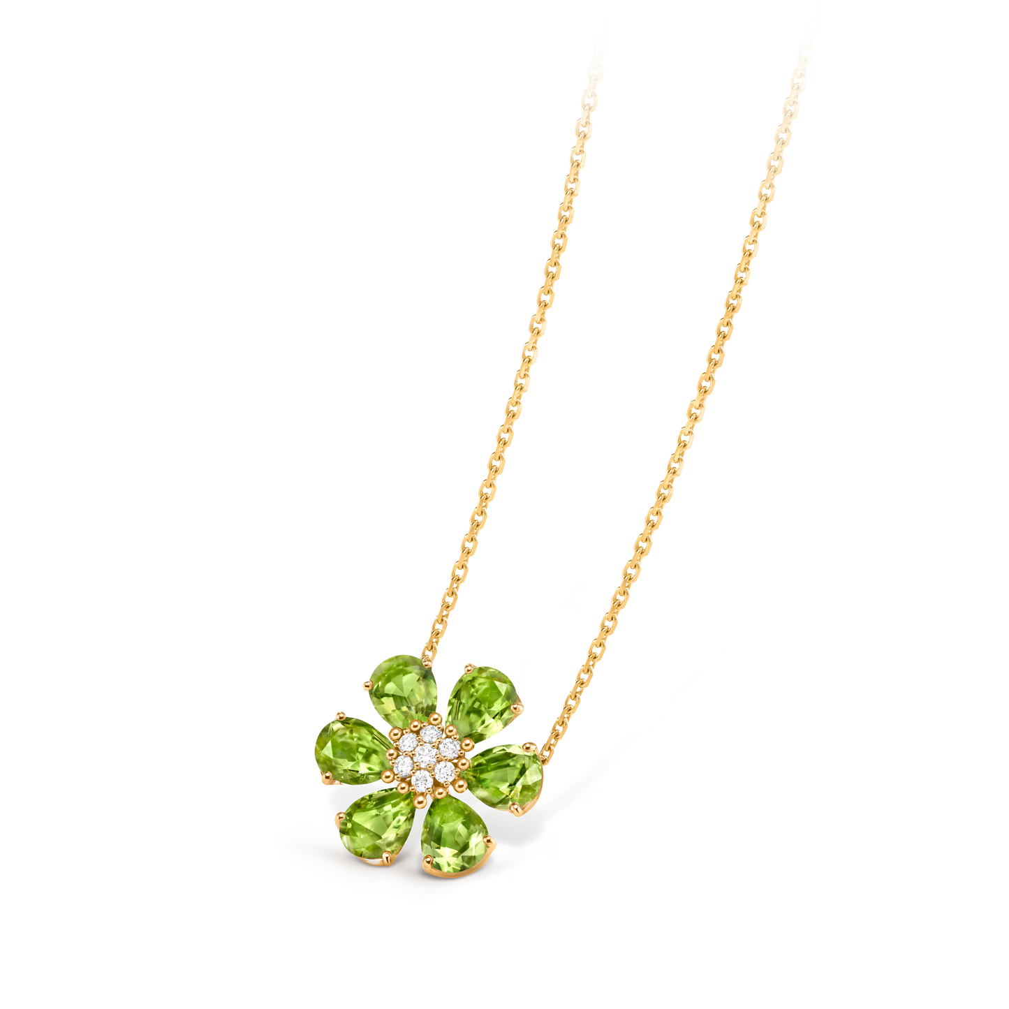Fleurs d’Hawaï pendant, medium model, 18K yellow gold, peridots, round diamonds.