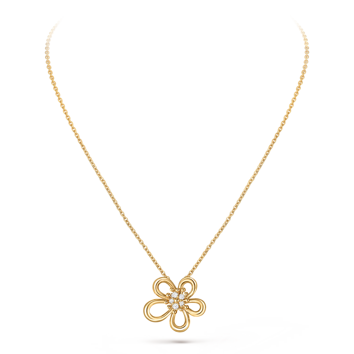 Flowerlace pendant, small model, yellow gold, round diamonds.