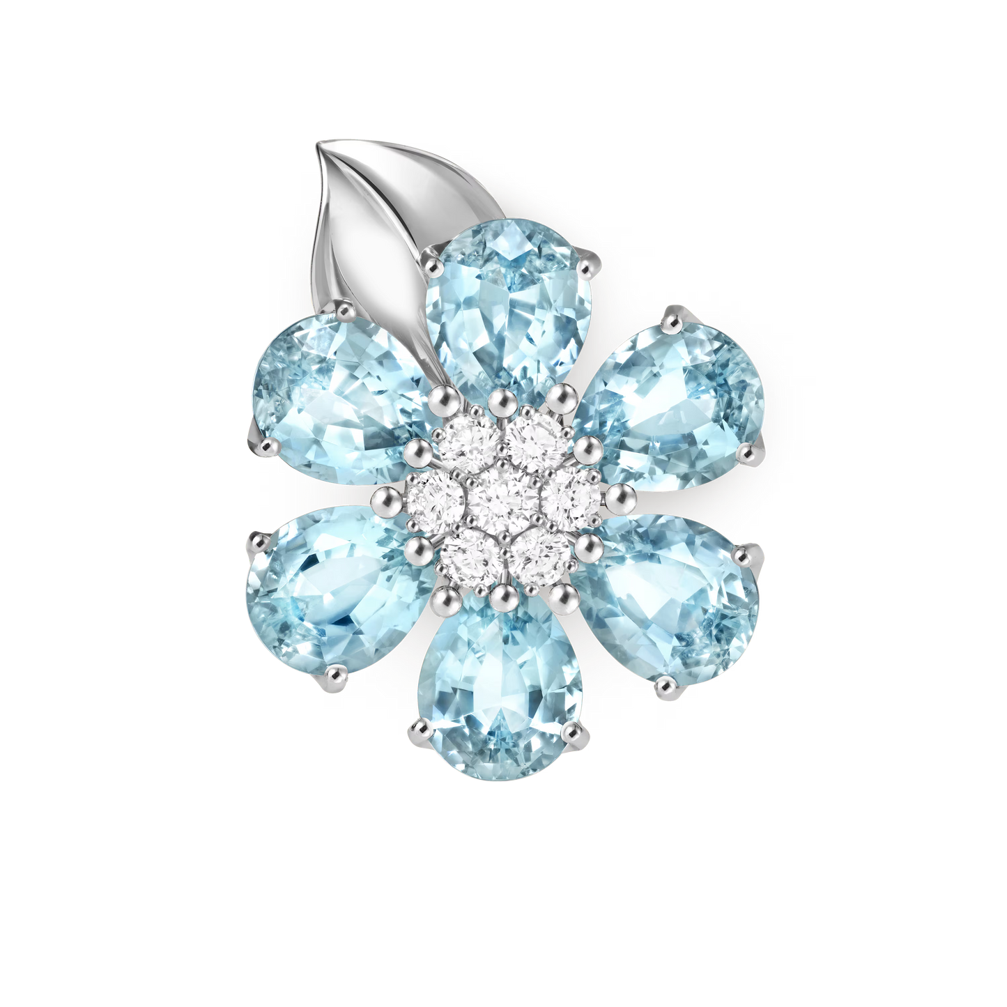 Fleurs d’Hawaï ring, large model, 18K white gold, aquamarines, round diamonds.