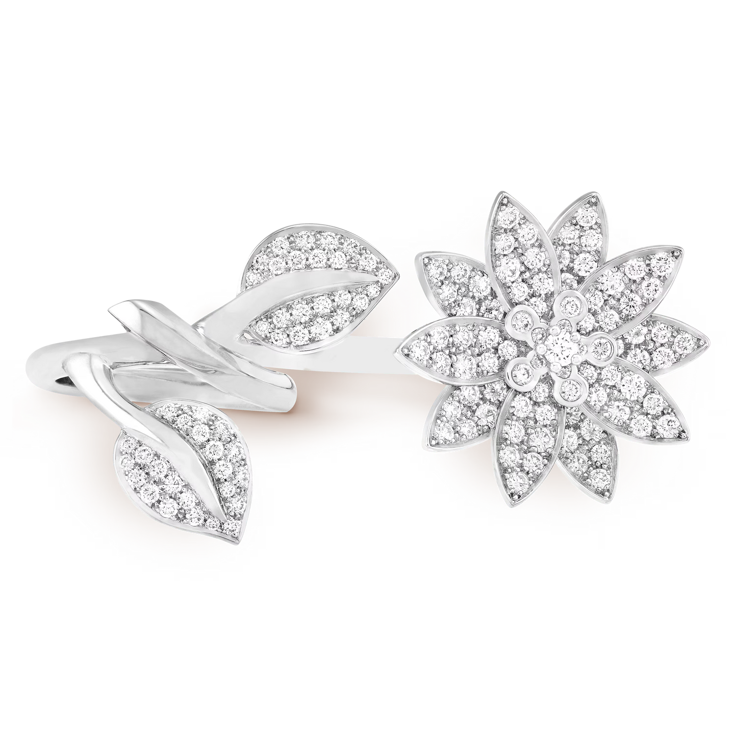 Lotus Between the Finger ring, rhodium plated 18K white gold, round diamonds.