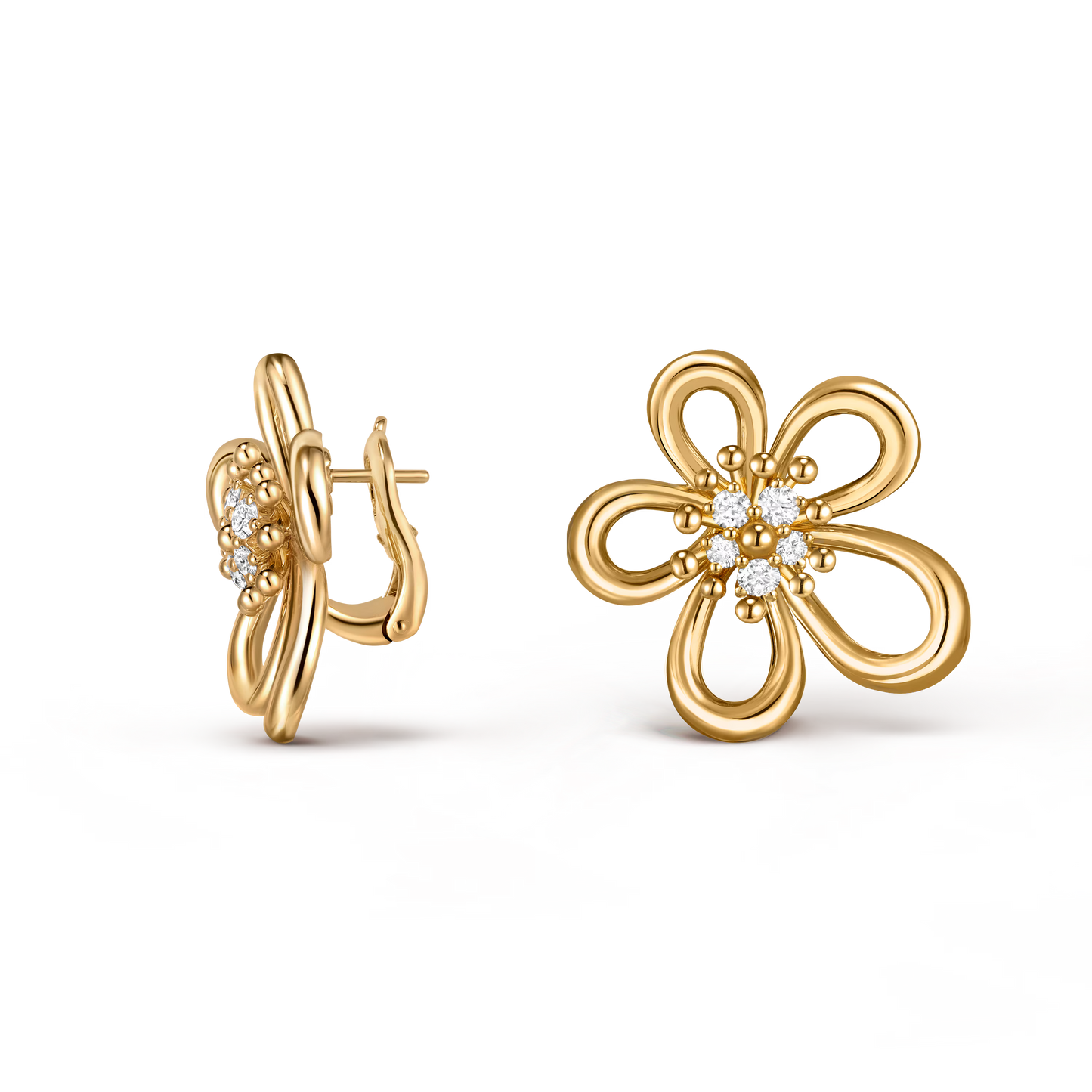 Flowerlace earrings, small model, yellow gold, round diamonds.