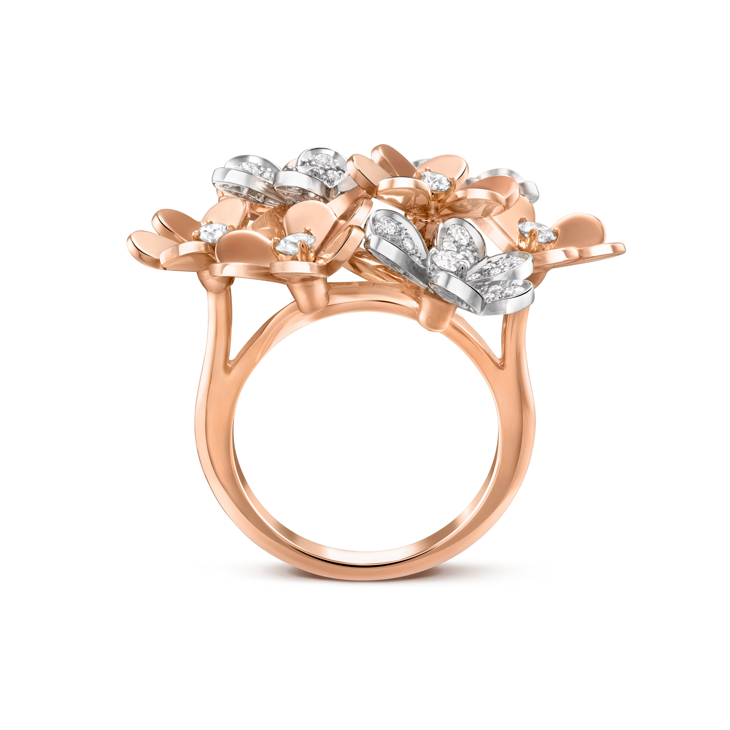 Frivole ring, 8 flowers, 18K rose gold, rhodium-plated 18K white gold, round diamonds.