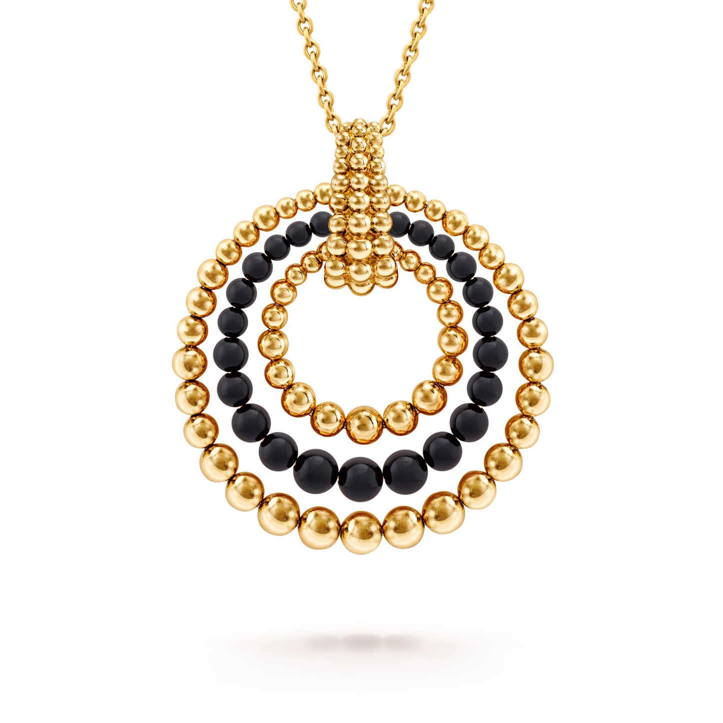 Perlée couleurs transformable long necklace, 18K yellow gold, coral, onyx, turquoise.