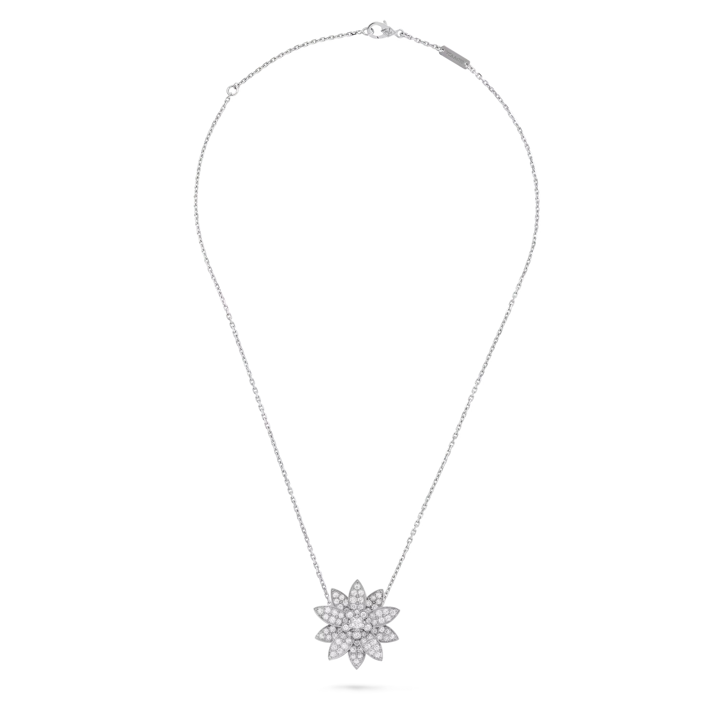 Lotus clip pendant, medium model, rhodium plated 18K white gold, round diamonds.