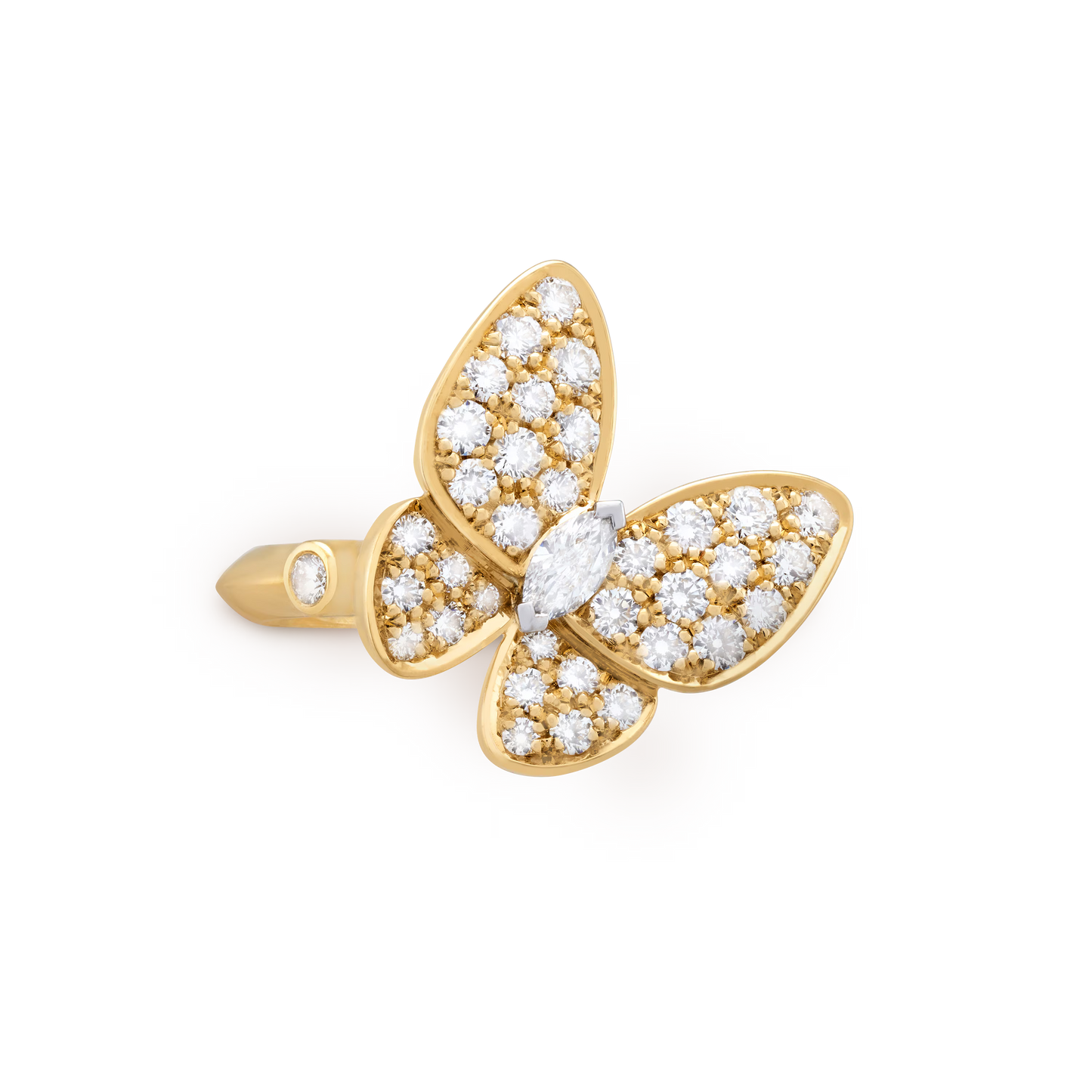 Two Butterfly ring, 18K yellow gold, round diamonds, rhodium plated 18K white gold, marquise-cut diamonds.